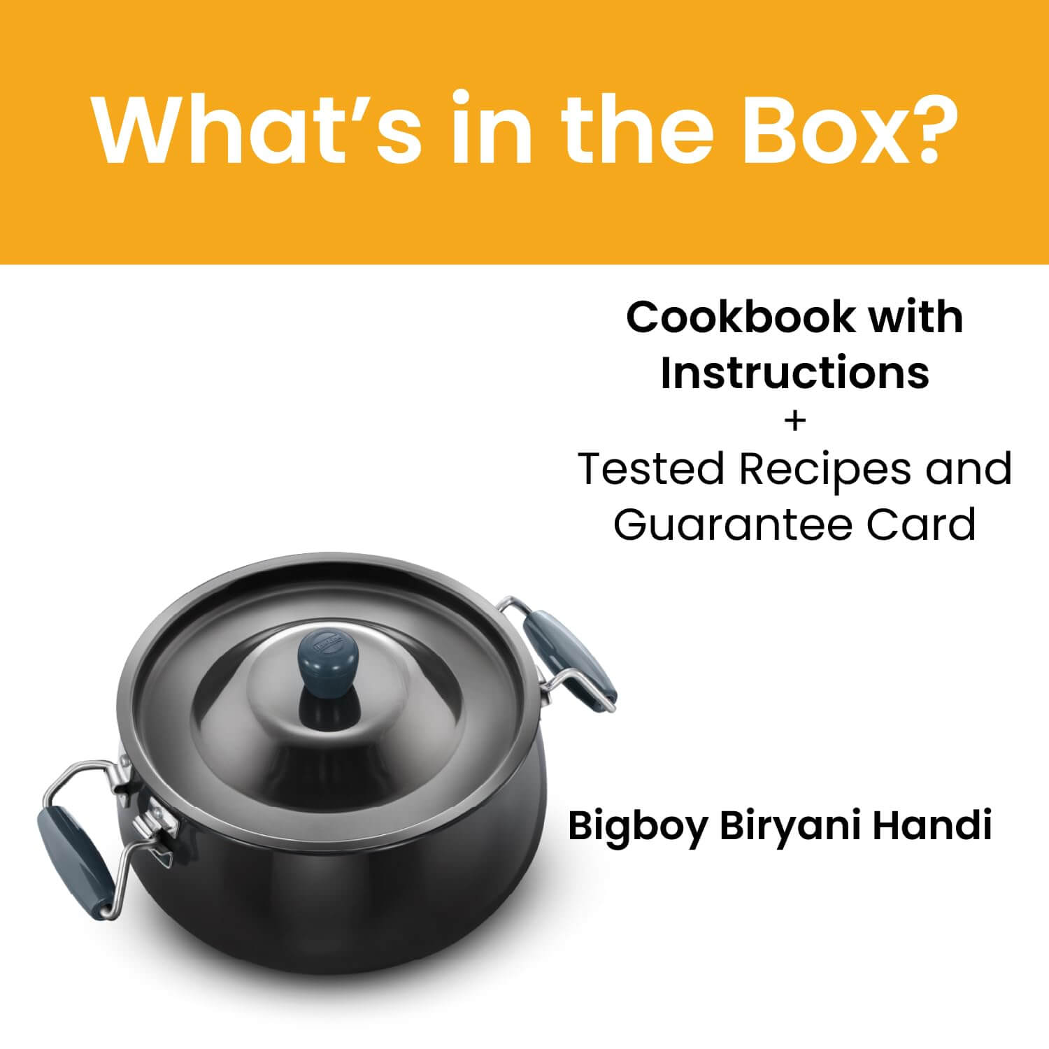 Hard anodised biryani handi showing unique dum cooking lid design