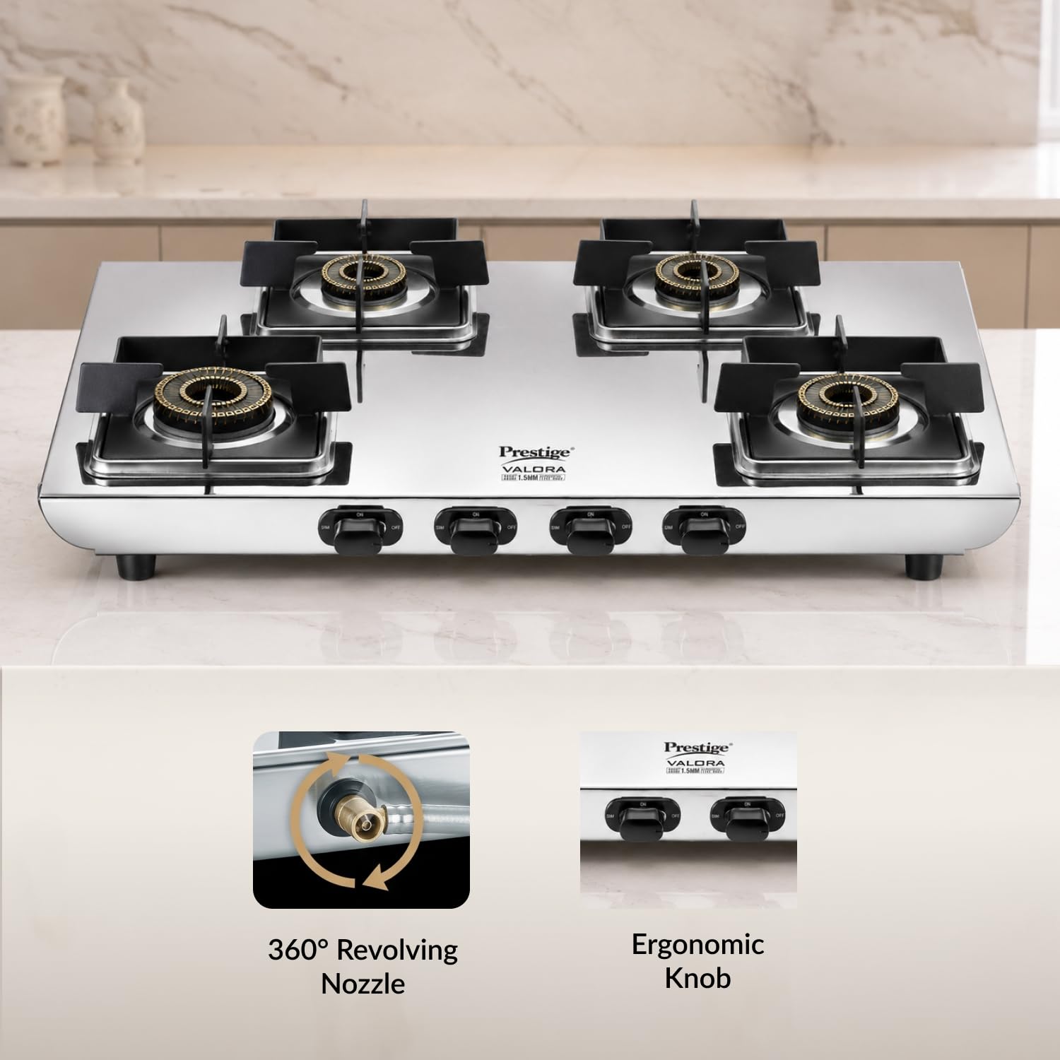 Prestige Valora 04B Stainless Steel Body L.P. Gas Stove 4 Brass Burners Silver|Wind Guard Pan Support|360° Revolving Nozzle|Removable Spill Tray