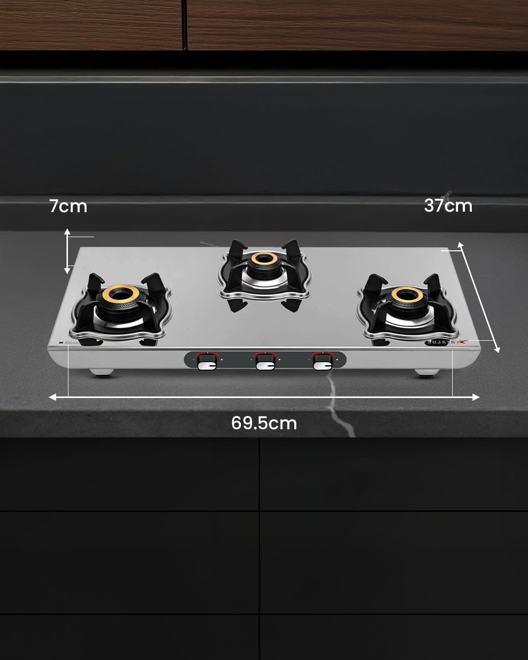 Sujata Majestic 3 burner stainless steel gas stove with SABAF valve and ISI certification
