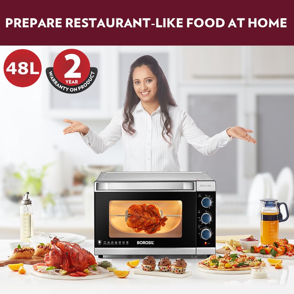 Borosil Prima 48L Oven Toaster Griller (OTG) Motorized Rotisserie, Convection Heating