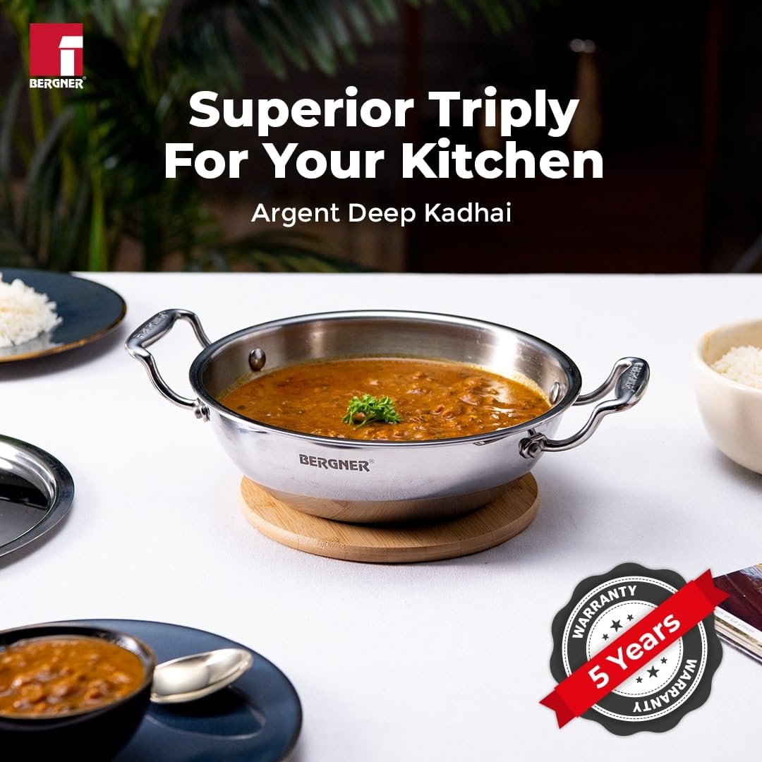 Bergner Argent Triply Deep Kadai, Stainless Steel Lid, For Sauté/Deep Fry/Gravy/Stir Fry/Steam, Heat Resistant Handles, Multi-Layered Mirror Finish, Induction & Gas Ready, 5-Year Warranty