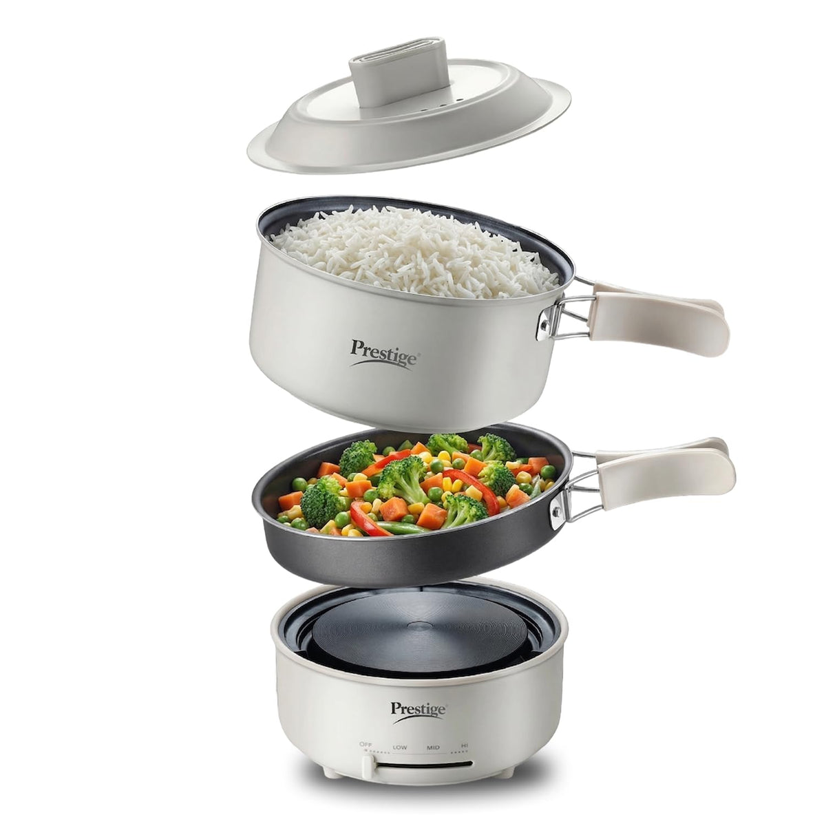 Prestige Electric Omnipot 1.3 litre electric cooking pot with fry pan and lid on a kitchen counter