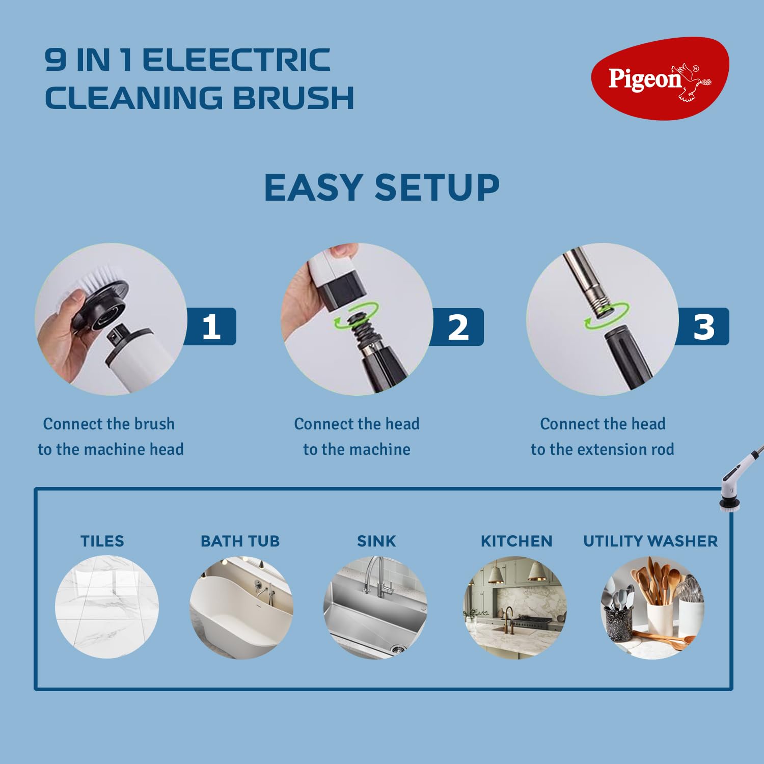 Pigeon Flexi 9-in-1 electric cleaning brush with telescopic extension pole and cordless design