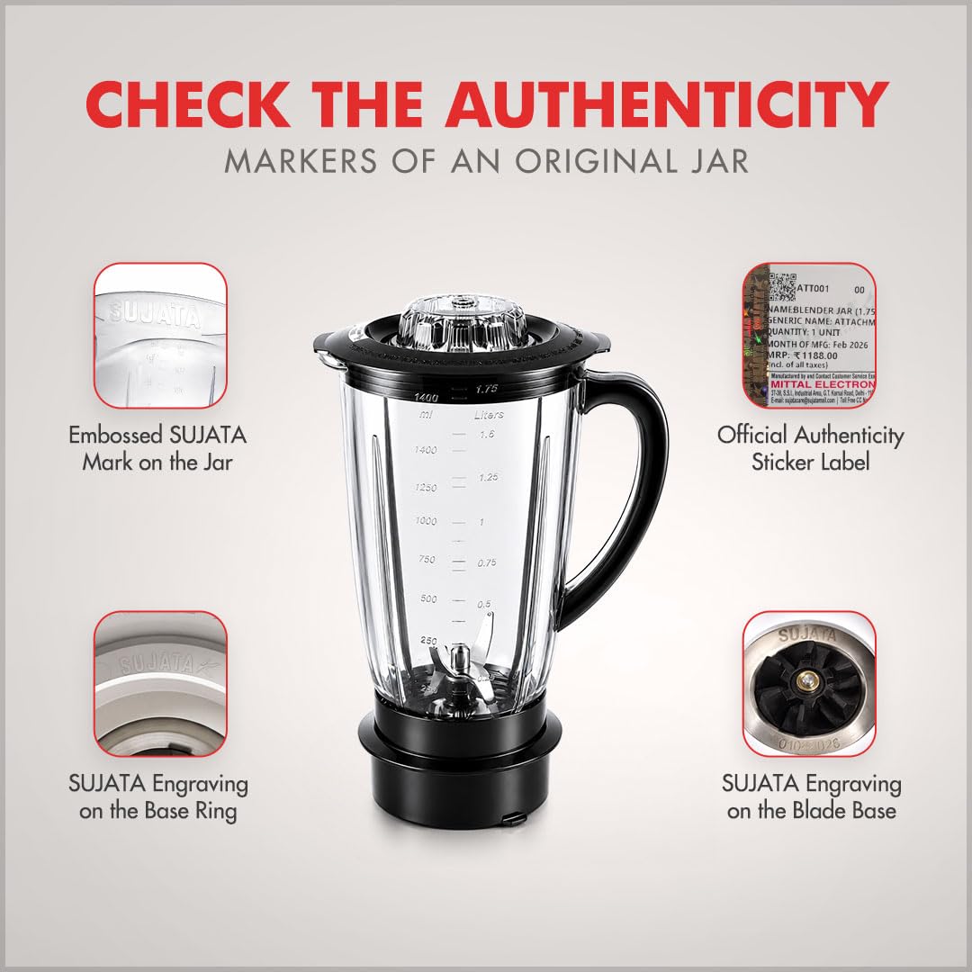 Sujata Original Plastic Juicer Jar 1750ml - Compatible with 900W Models Only