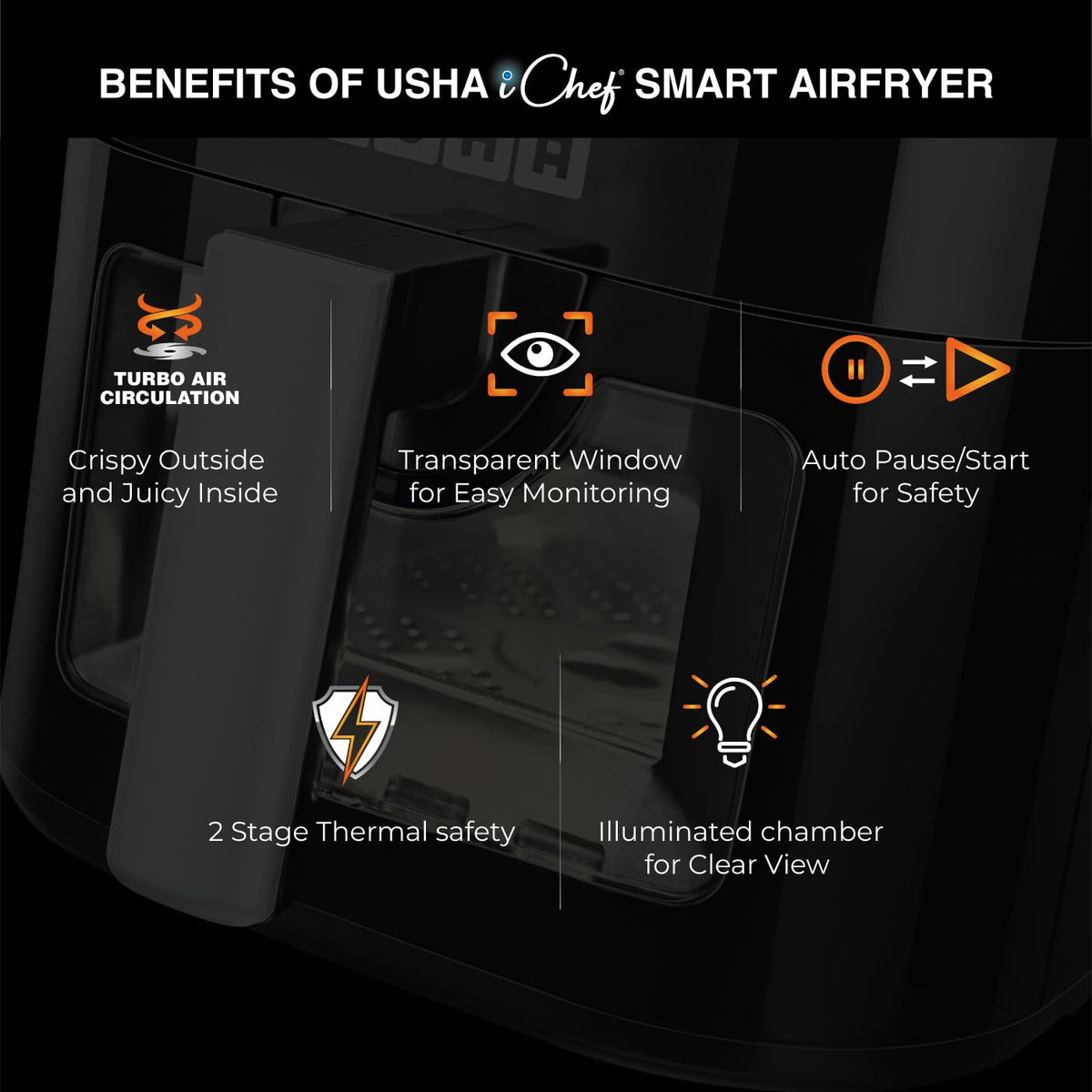Usha iChef Smart Air Fryer 4.5L - 10 in 1 Functions, Digital Display & Touch Panel, Oil-Free Cooking