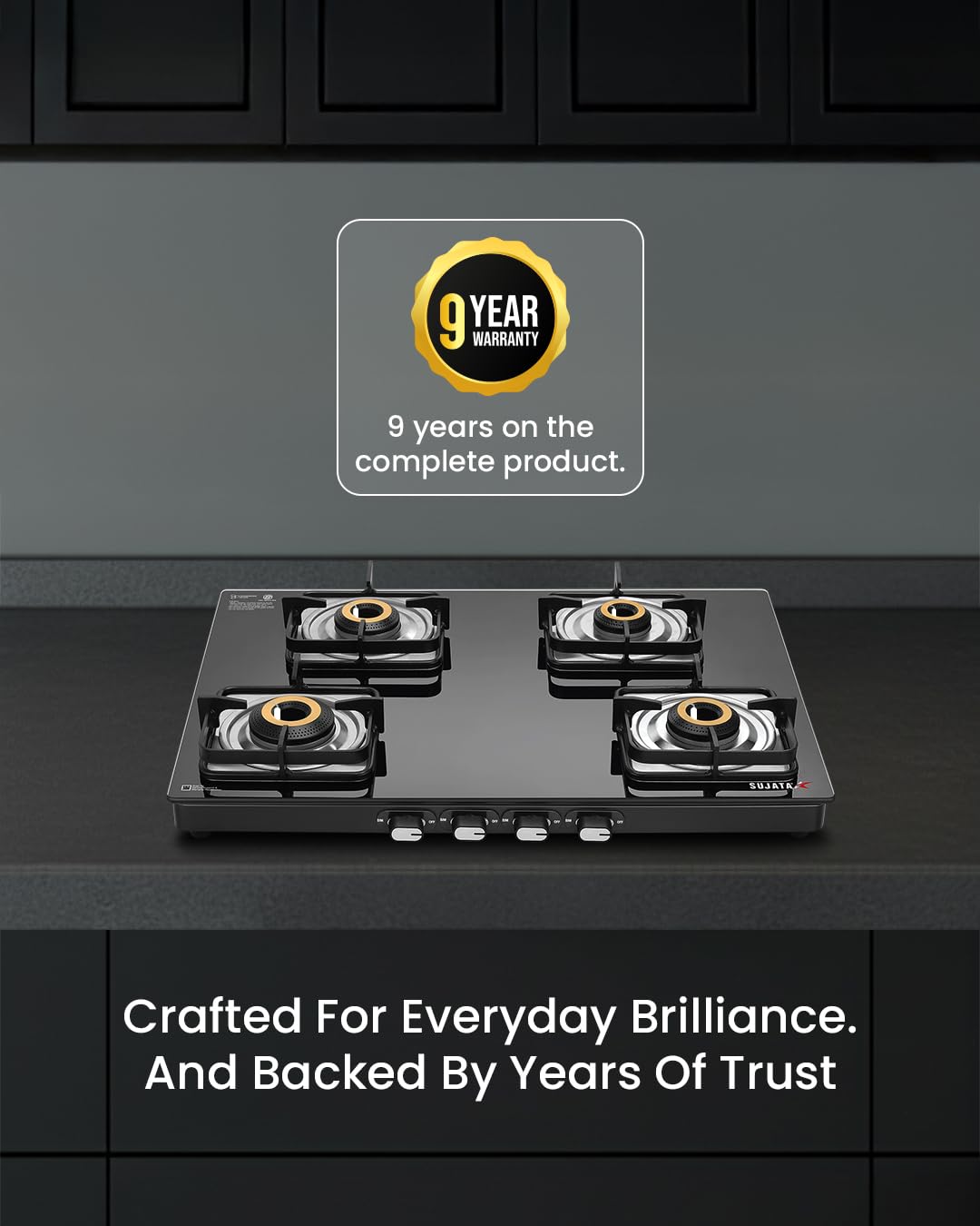 Sujata Classic 4 Burner Gas Stove | 8mm Glass Top | SABAF | 9 Yr Warranty