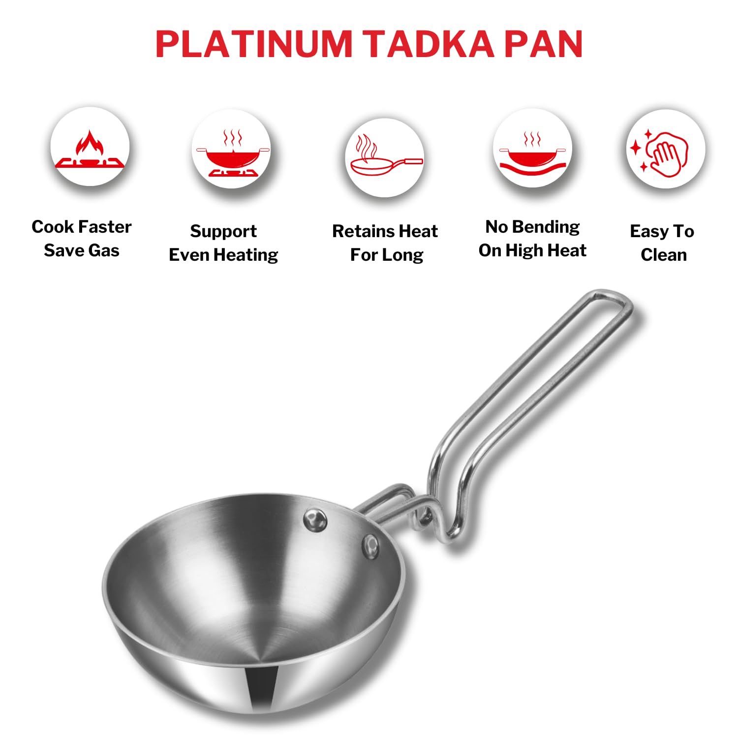 Vinod Platinum Triply Stainless Steel Tadka Pan Large - 300 ml, 11 cm | Balance Design Handle | Vagar Pan | Baghar Pan| Chounk Pan | Flame Safe| 5 Year Warranty - Silver