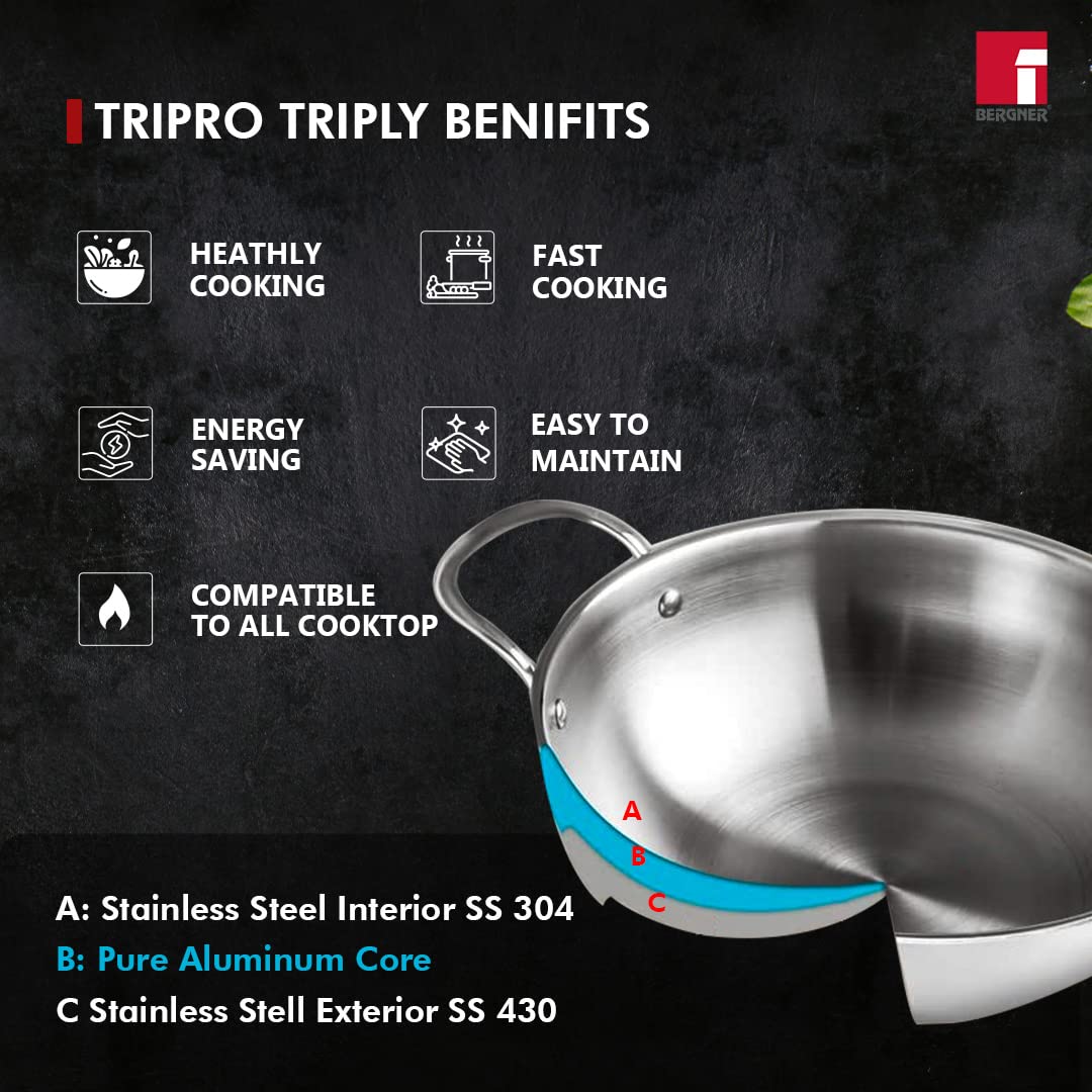 Bergner Tripro Triply Stainless Steel 3 Pc Cookware Set, 22 cm Indian Wok/Kadai, 22 cm Frypan, 14 cm Tea Pan, Even and Fast Heating, Induction Bottom, Gas Ready, Silver
