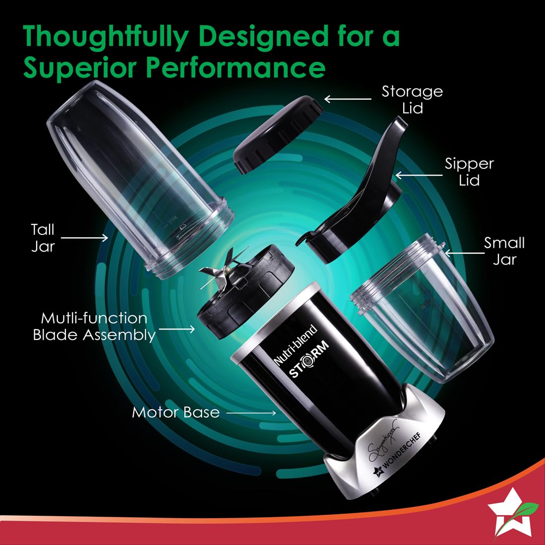 Wonderchef Nutri-blend Storm 1200W Mixer-Grinder-Blender | 100% Copper Motor | 6-Wing Blades | 2 Jars | 22000 RPM | Black