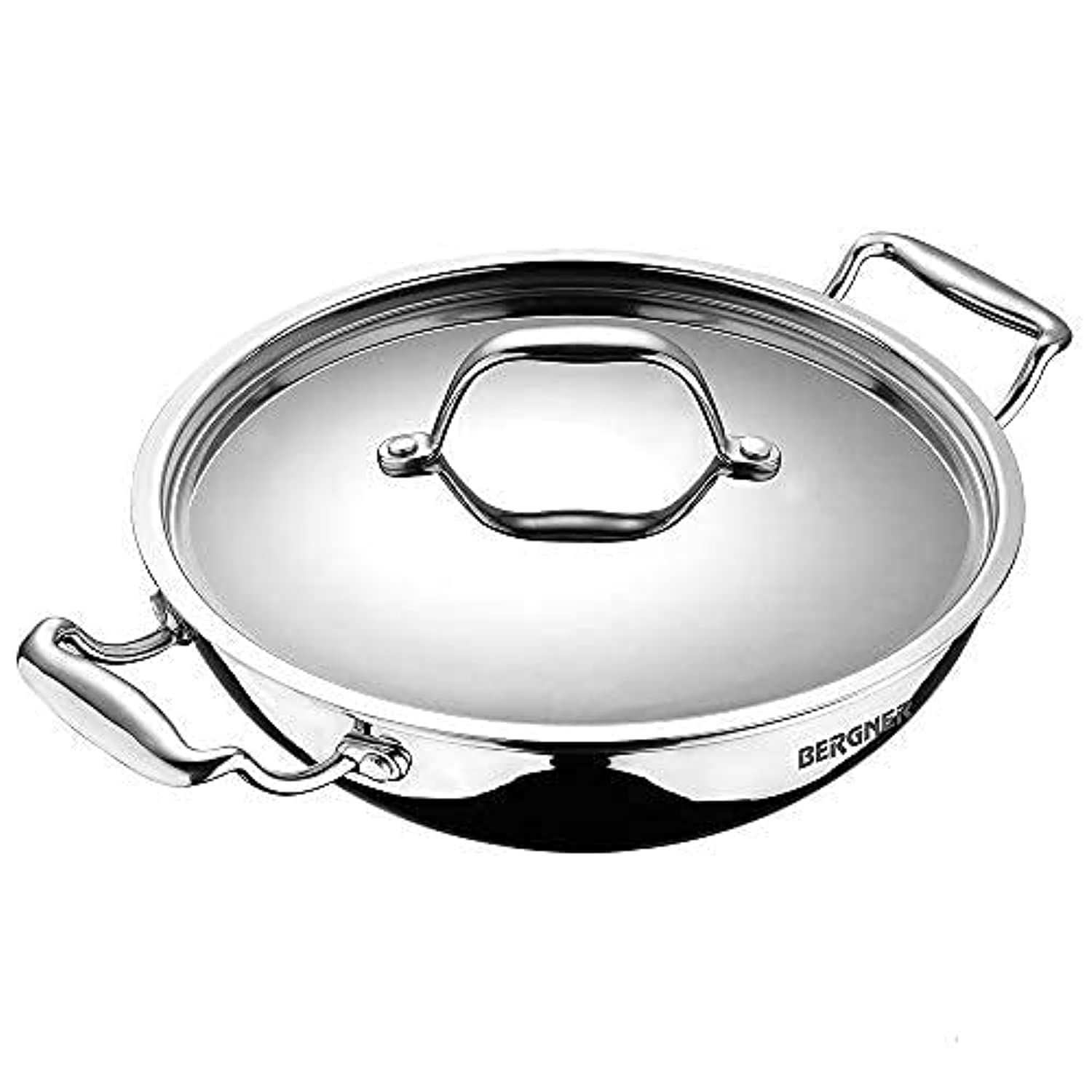 Bergner Argent Triply Deep Kadai, Stainless Steel Lid, For Sauté/Deep Fry/Gravy/Stir Fry/Steam, Heat Resistant Handles, Multi-Layered Mirror Finish, Induction & Gas Ready, 5-Year Warranty