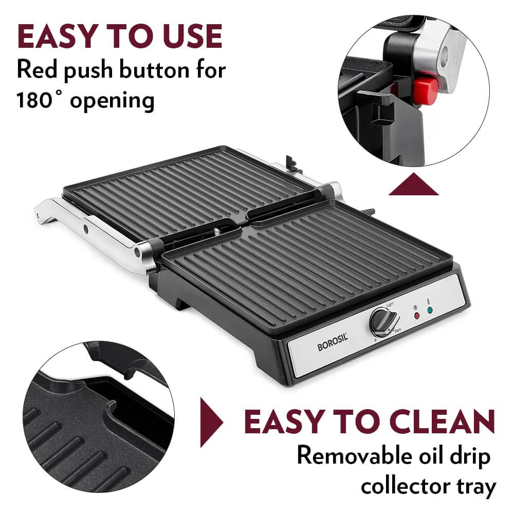 Borosil electric grill maker showcasing 180° opening, easy-to-use red button, and removable oil drip collector tray.