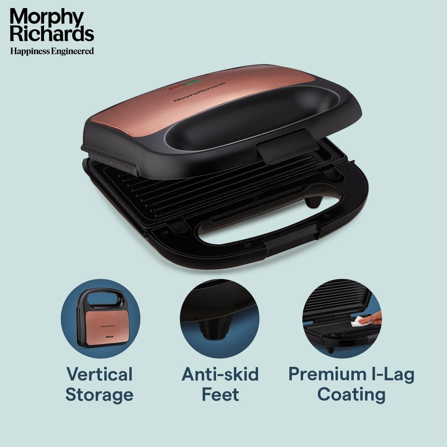 Morphy Richards Luxe Rose Gold Sandwich Maker with vertical storage, anti-skid feet, and ILAG premium coating.