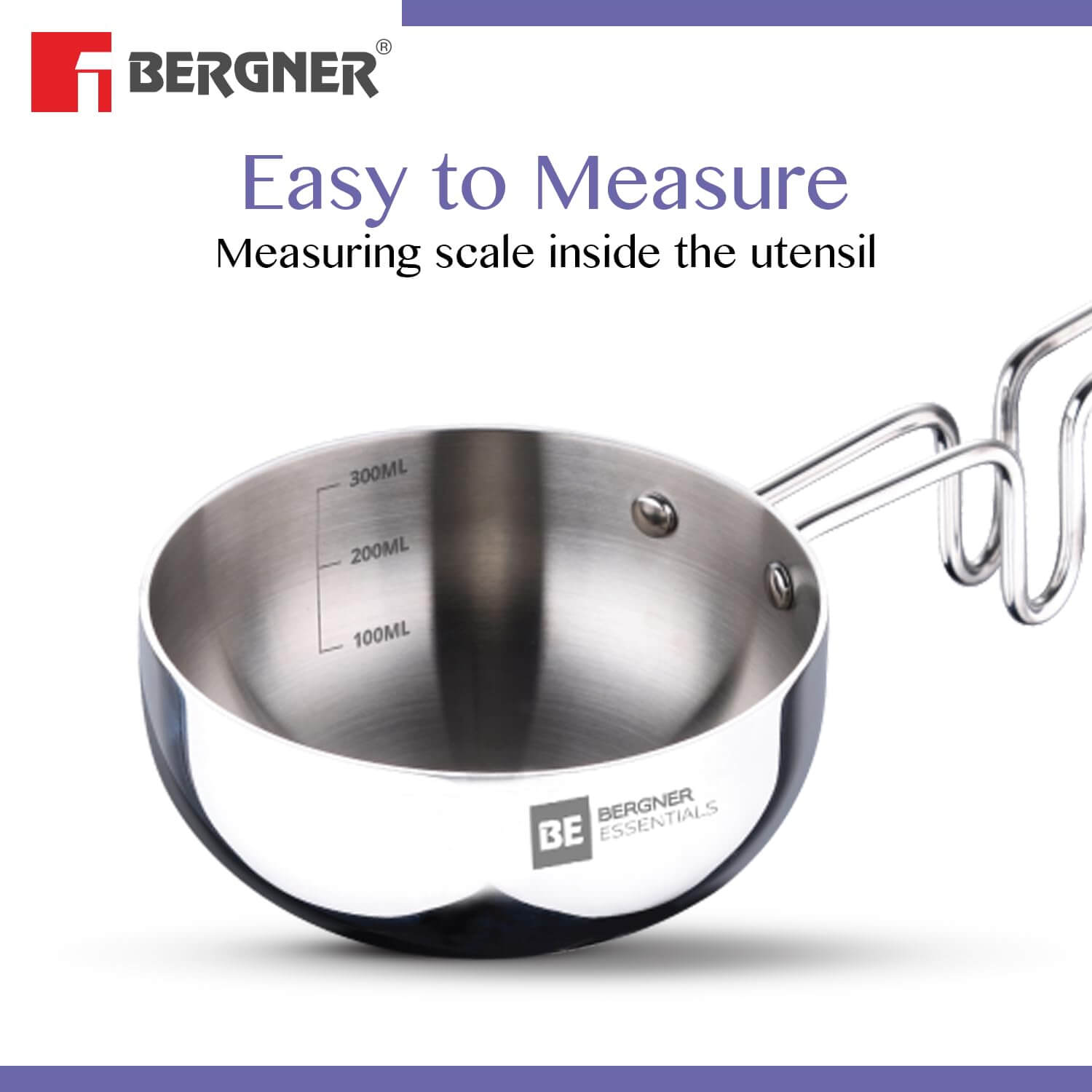 Bergner Essentials Tadka Pan showing measuring scale inside for accurate seasoning up to 300ml.
