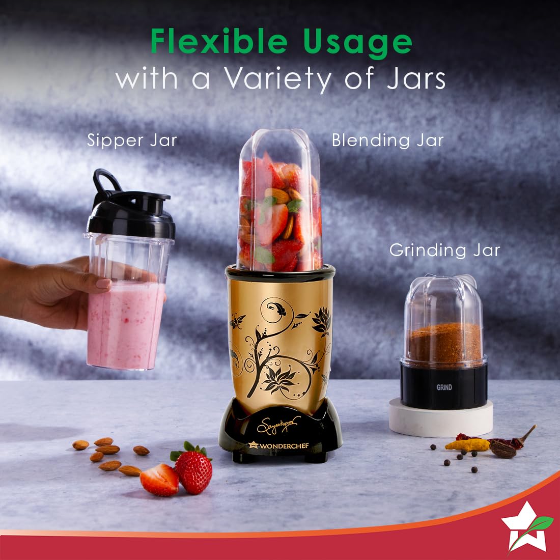 Wonderchef Nutri-blend Mixer Grinder, 500W, 3 Jars, Champagne