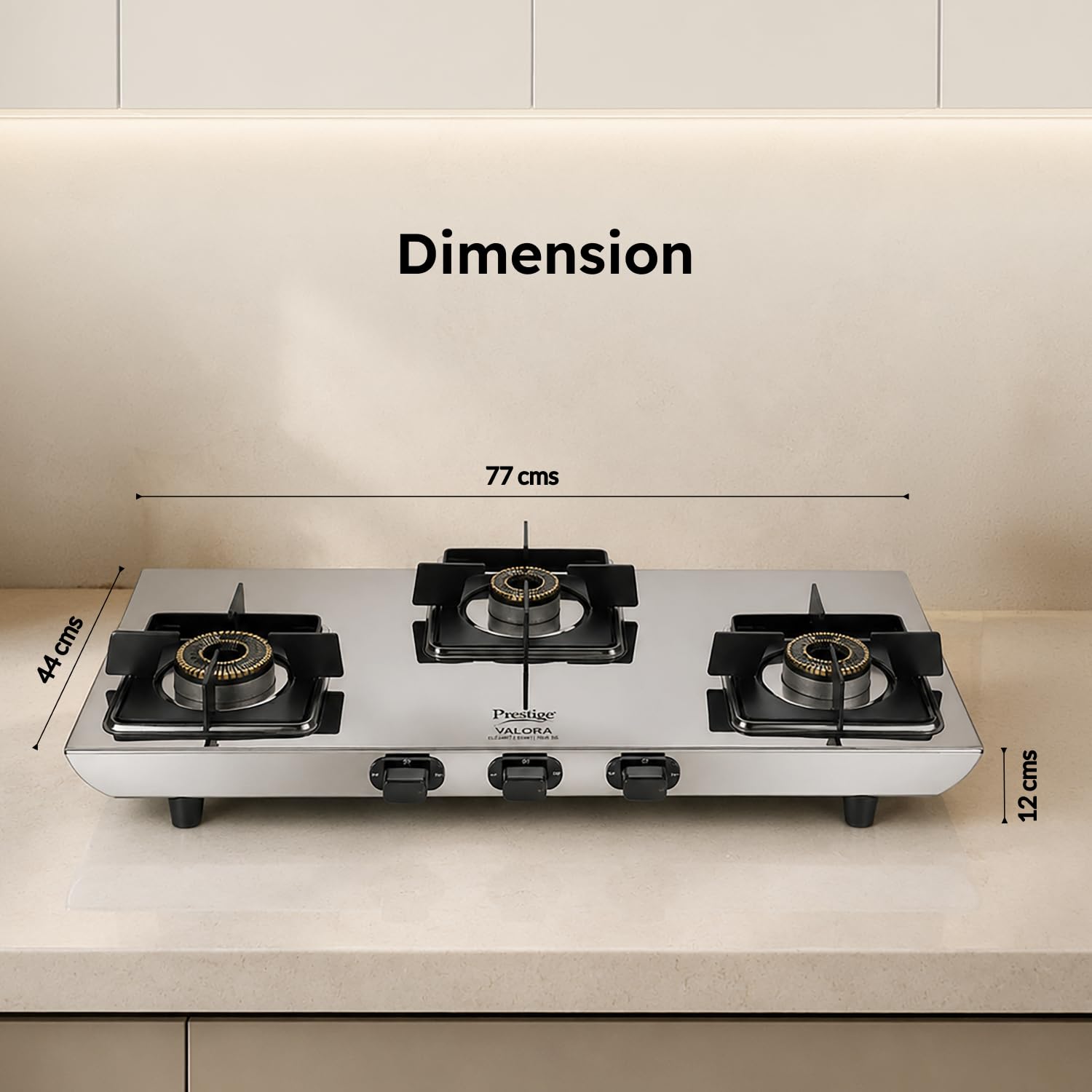 Prestige Valora 3 burner LPG gas stove glossy stainless steel body with ergonomic black knobs