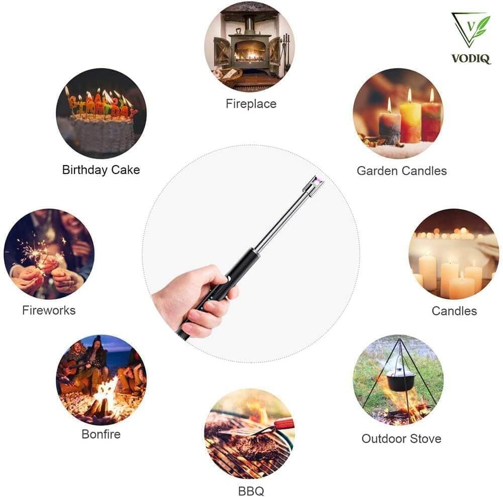 Electric rechargeable lighter being used for candles, BBQ, fireworks, and outdoor activities.