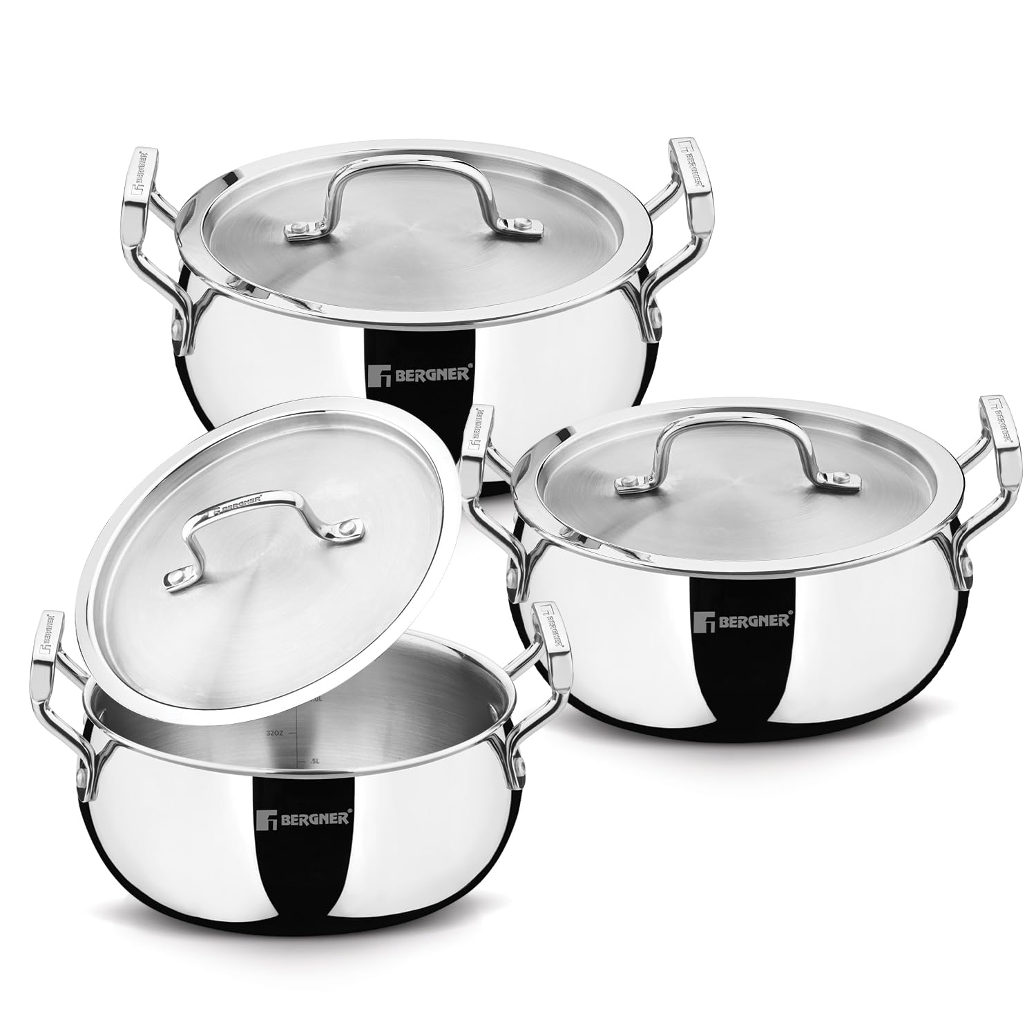 Bergner TriPro triply stainless steel casserole set 6 pieces with lids for induction cooking