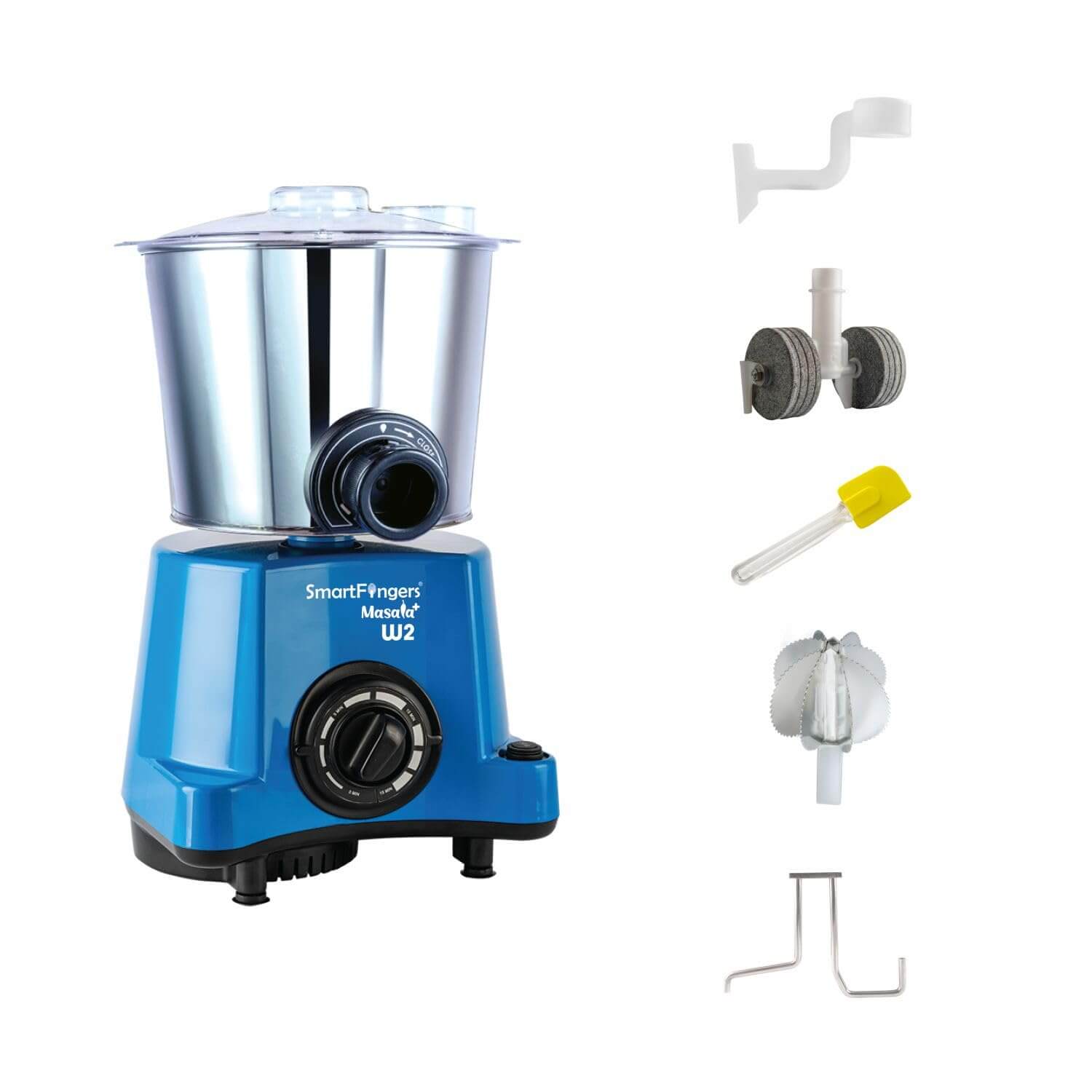 SmartFingers Masala W2 blue wet grinder with stainless steel drum and accessories