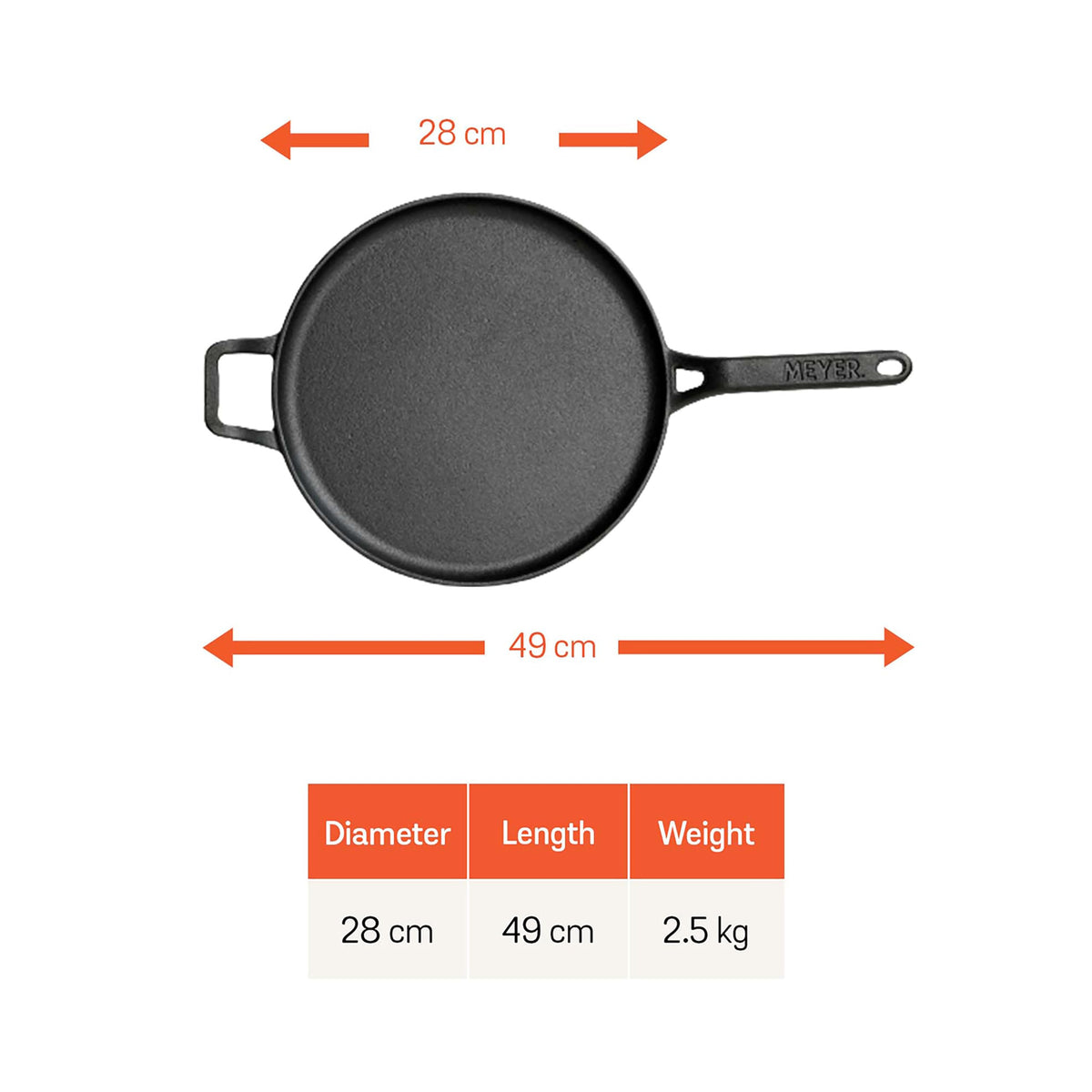 Meyer Pre-Seasoned Cast Iron Tawa – 28cm for Dosa & Roti with dimensions