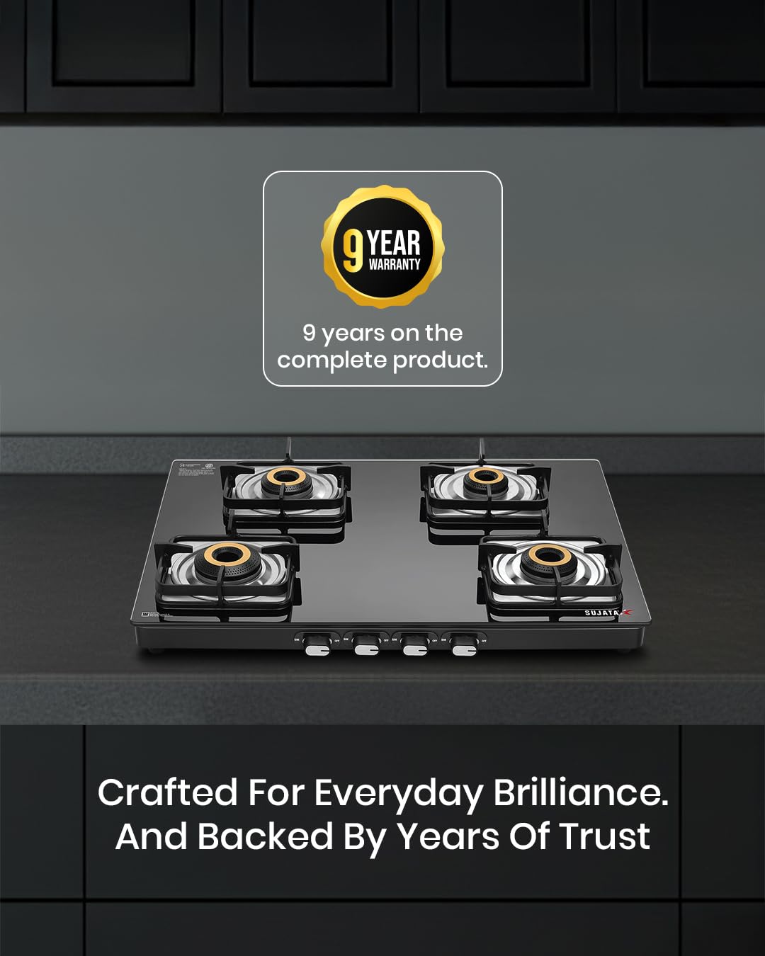 Sujata Classic cooktop showing 1 jumbo 2 medium and 1 small brass burner layout