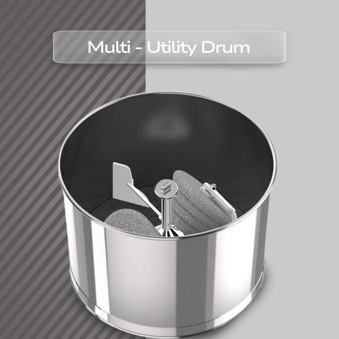 Multi-utility drum for versatile cooking with durable stainless steel design and efficient grinding capabilities.