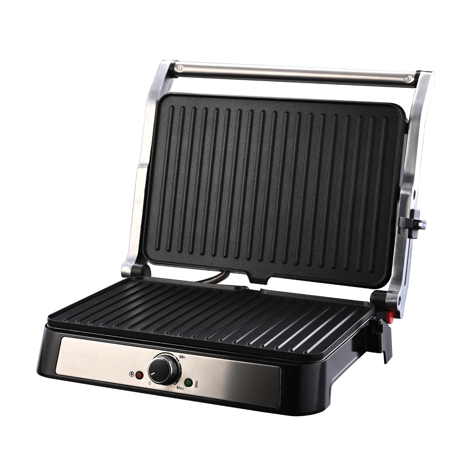 Sujata Multi Purpose Grill SG01 open view showing ribbed non-stick Teflon coated aluminium grill plates with stainless steel body and adjustable thermostat knob