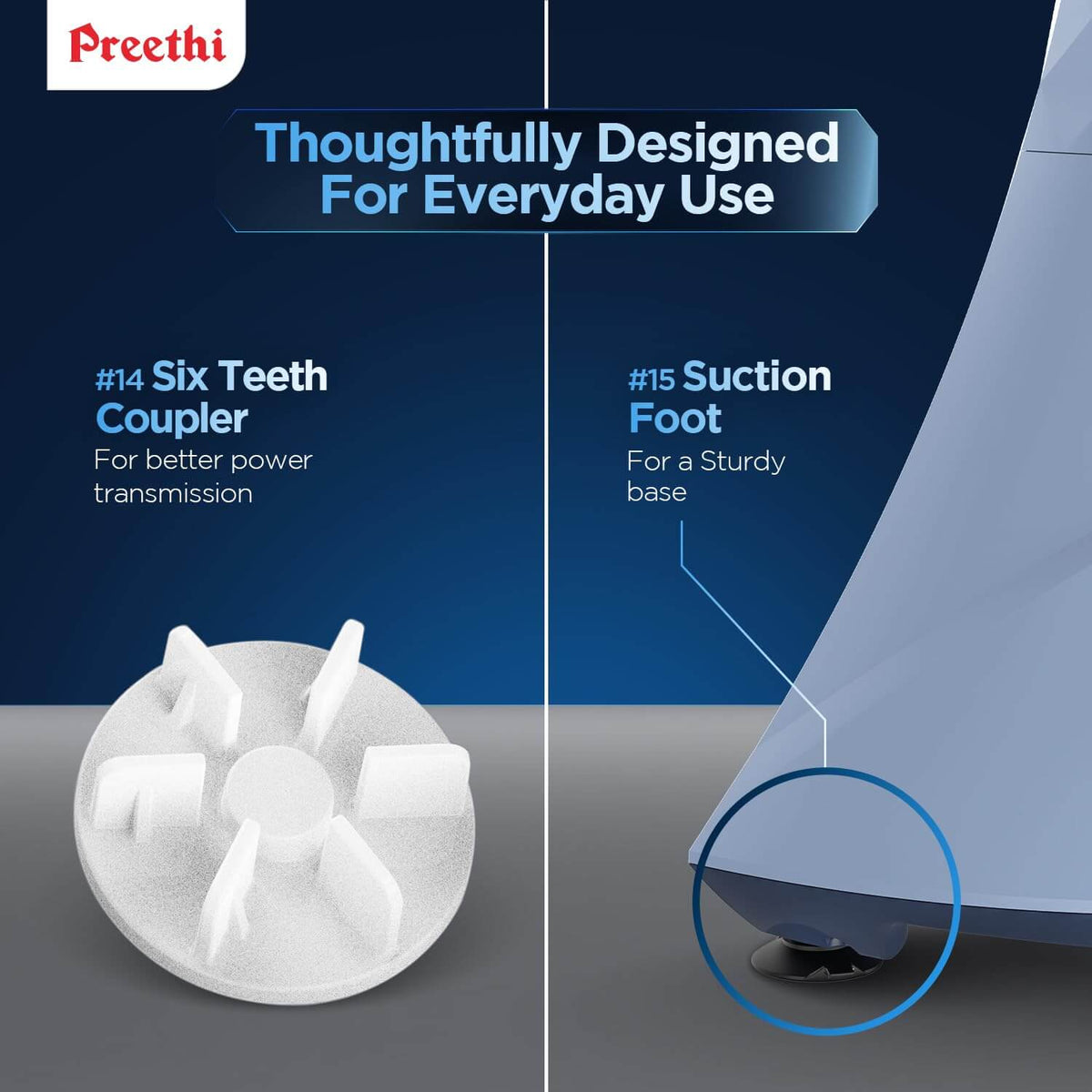 Product feature with 'Preethi' branding, six teeth coupler, and suction foot on a blue and gray background.