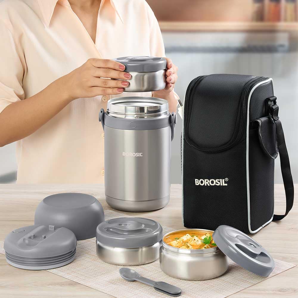 Borosil - Hot-N-Fresh Stainless Steel Insulated Lunch Box, Set of 3 (1pcs 350 ml + 2pcs 420 ml), Grey