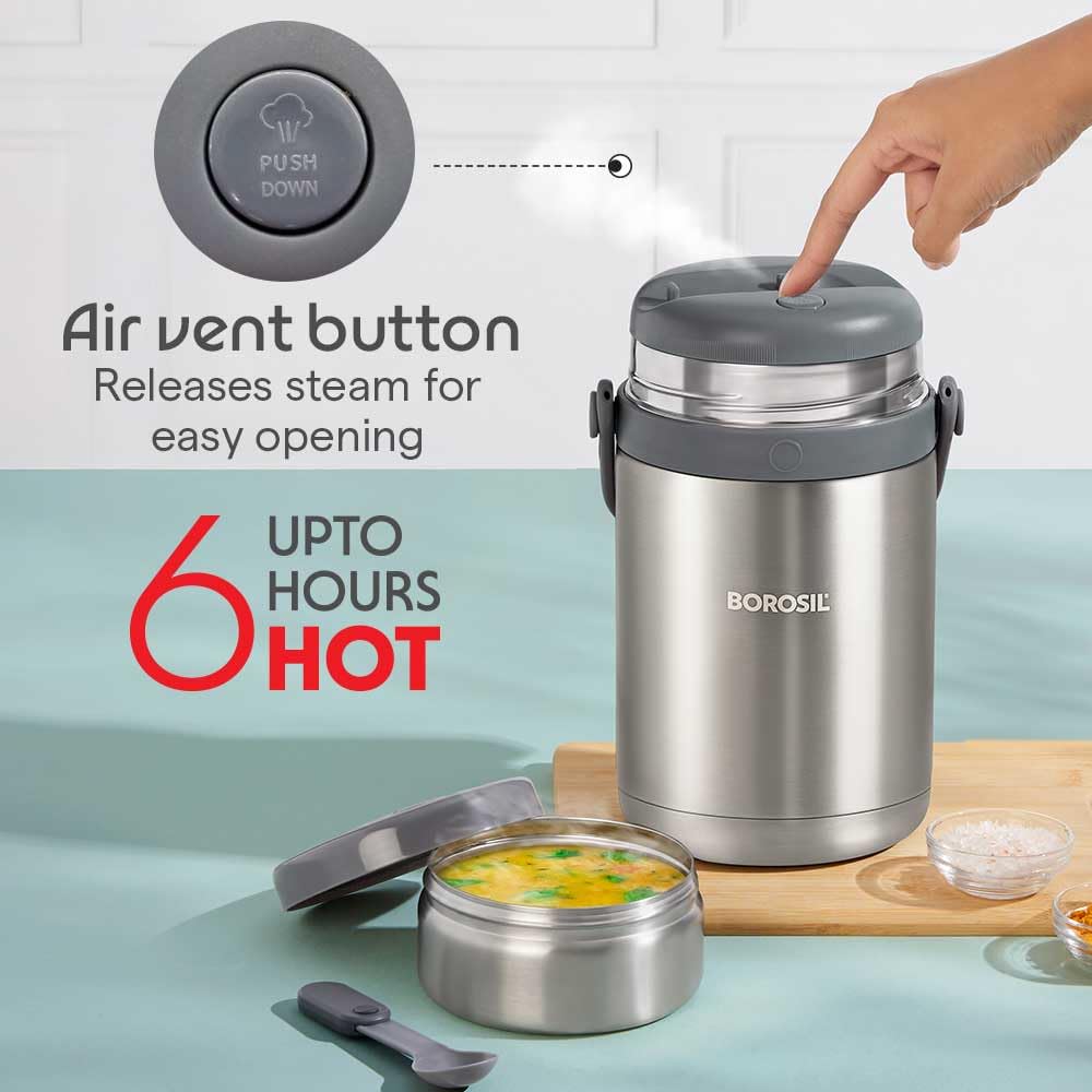 Borosil - Hot-N-Fresh Stainless Steel Insulated Lunch Box, Set of 3 (1pcs 350 ml + 2pcs 420 ml), Grey