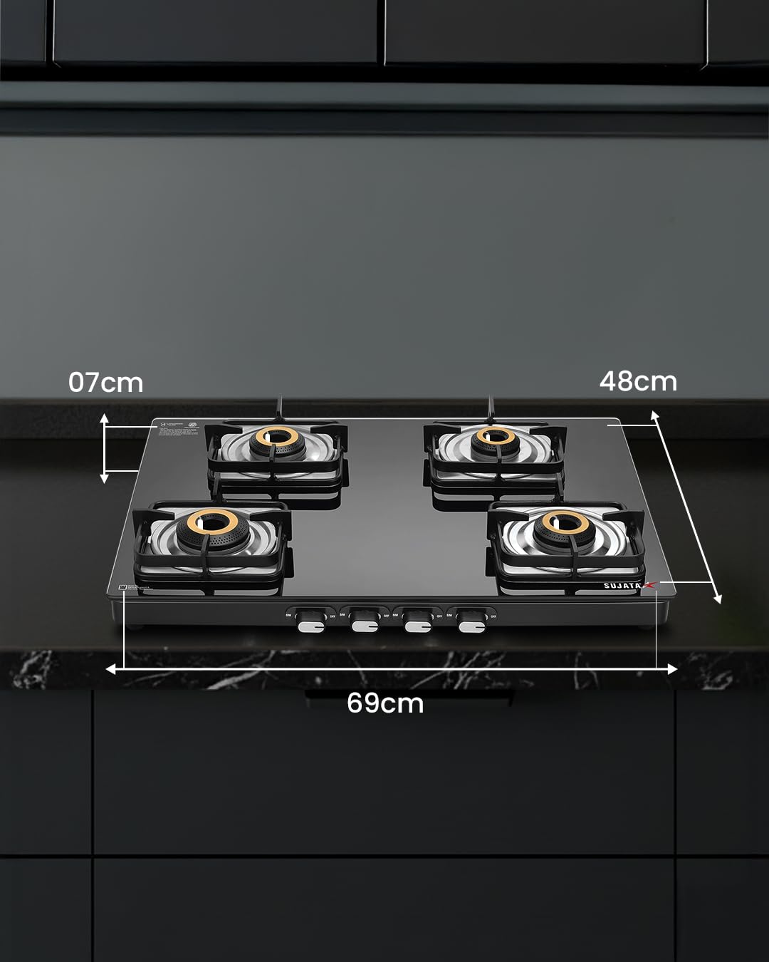 Sujata Classic 4 Burner Gas Stove | 8mm Glass Top | SABAF | 9 Yr Warranty