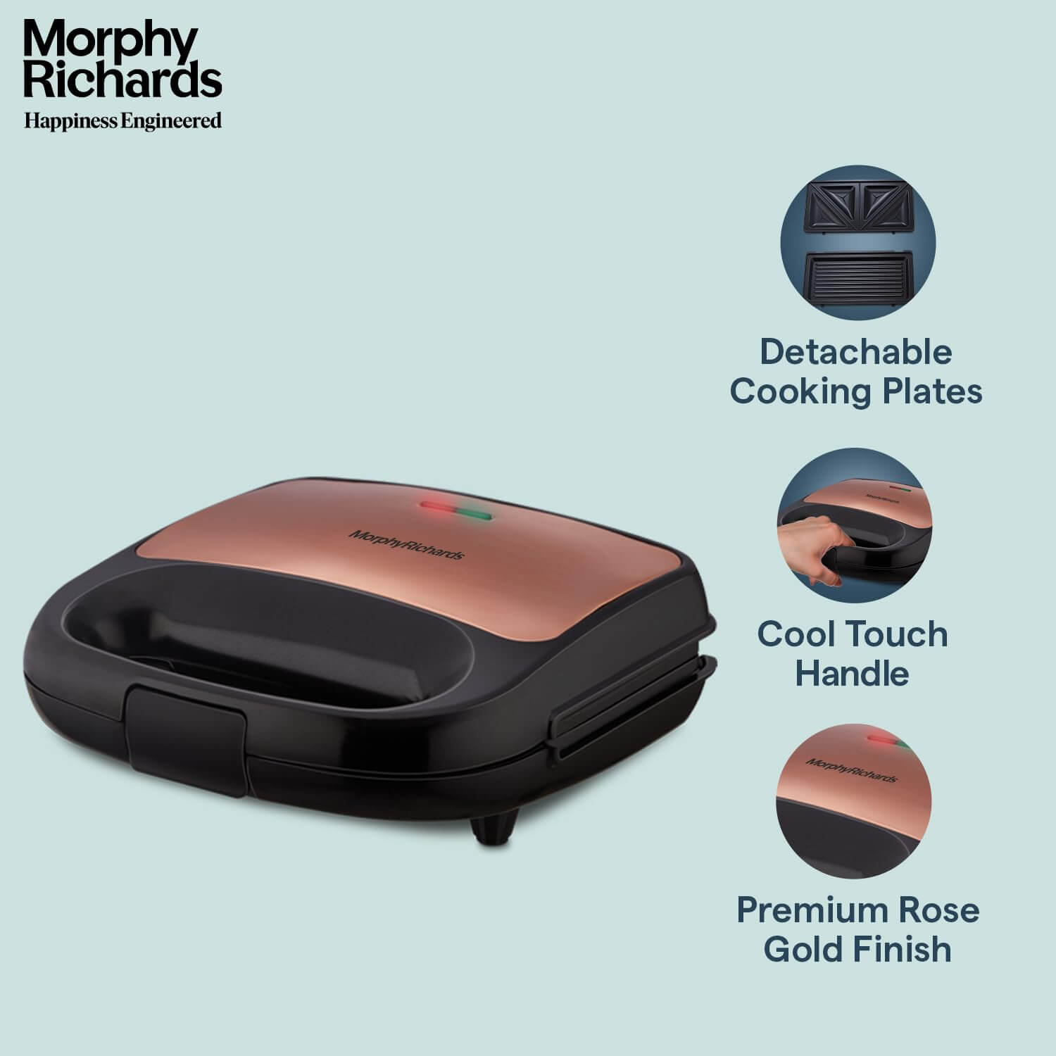 Morphy Richards 2-in-1 sandwich maker, detachable plates, cool touch handle, premium rose gold finish.
