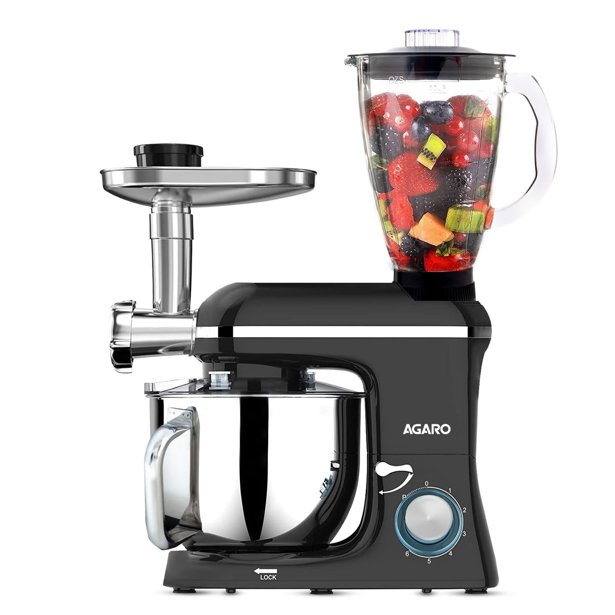 AGARO Regency 1400W black stand mixer with meat grinder and blending jar
