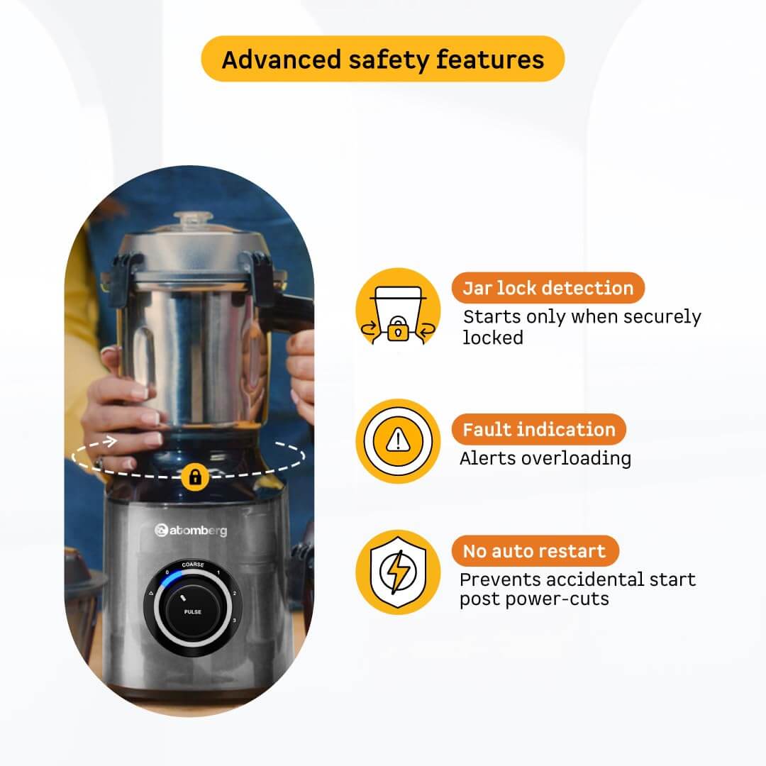 Modern sand grey Atomberg Zenova mixer grinder featuring hands-free operation and advanced safety features