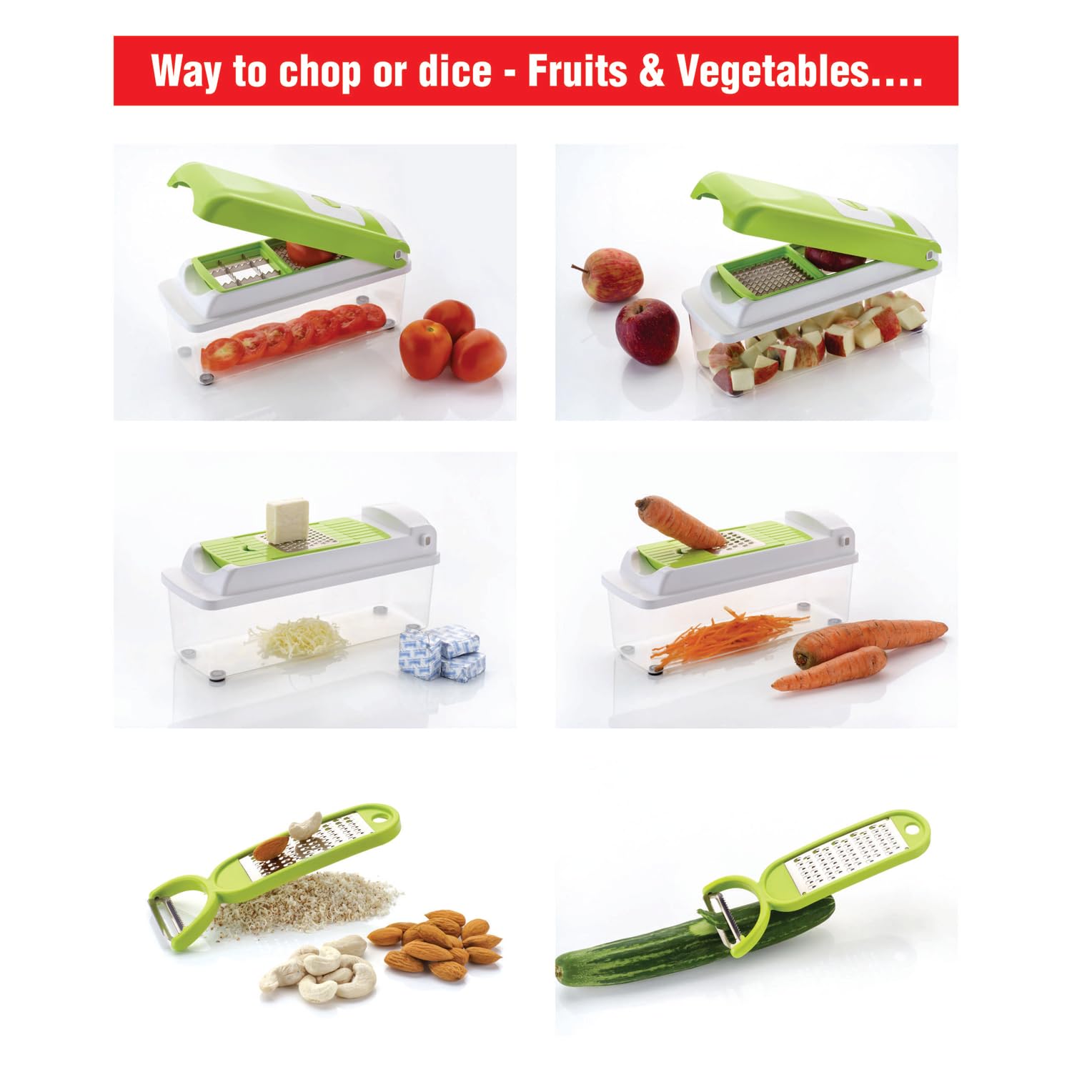 Anjali SC30 12-in-1 dicer slicer showing 12 interchangeable stainless steel attachments