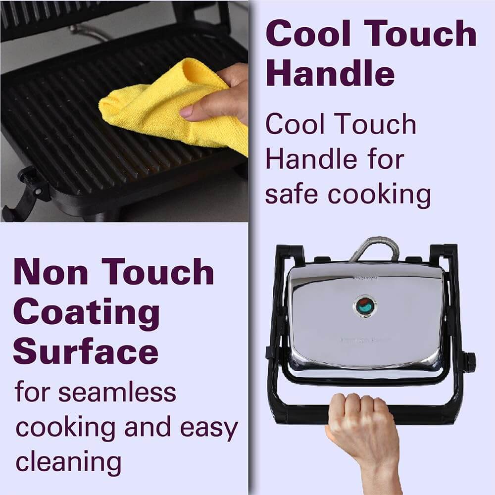 Multi-purpose electric griller showing dual-side heating plates and non-stick coating