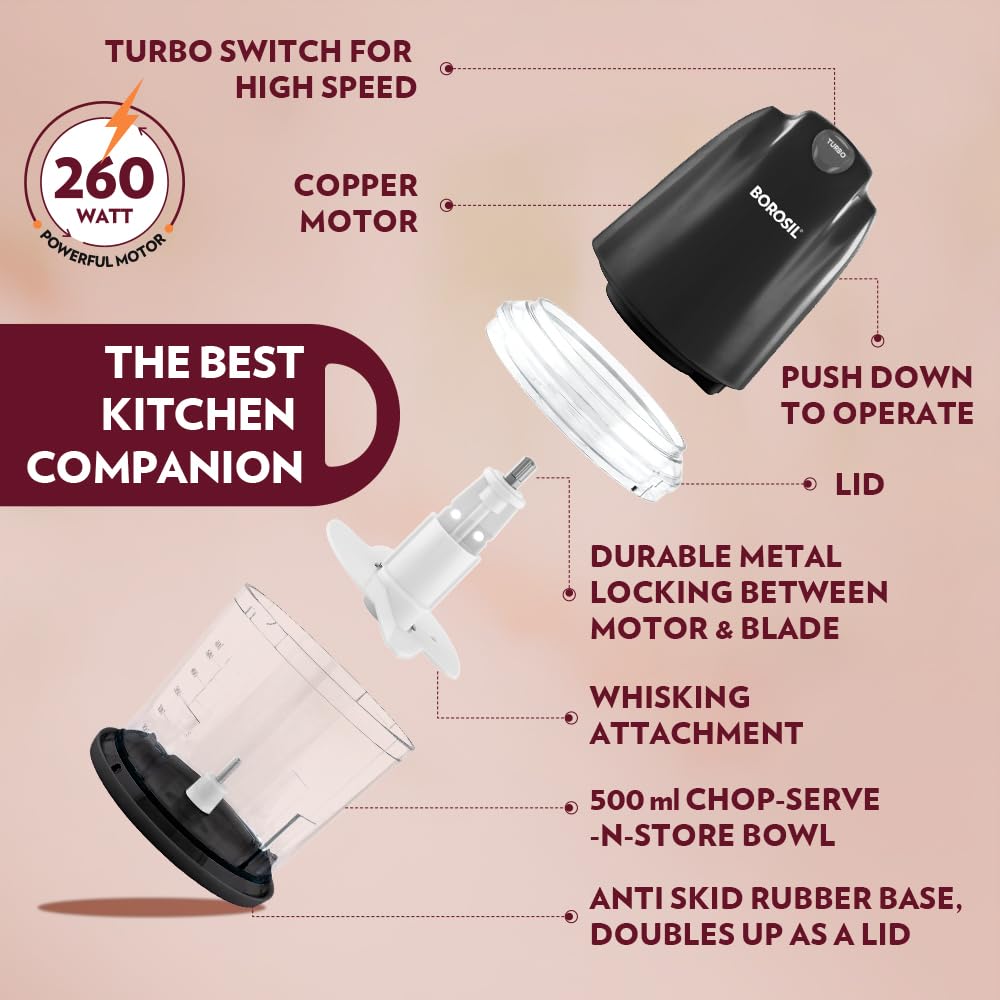 Borosil Chef Delite 260W Electric Chopper - Turbo Speed, Stainless Steel Blades