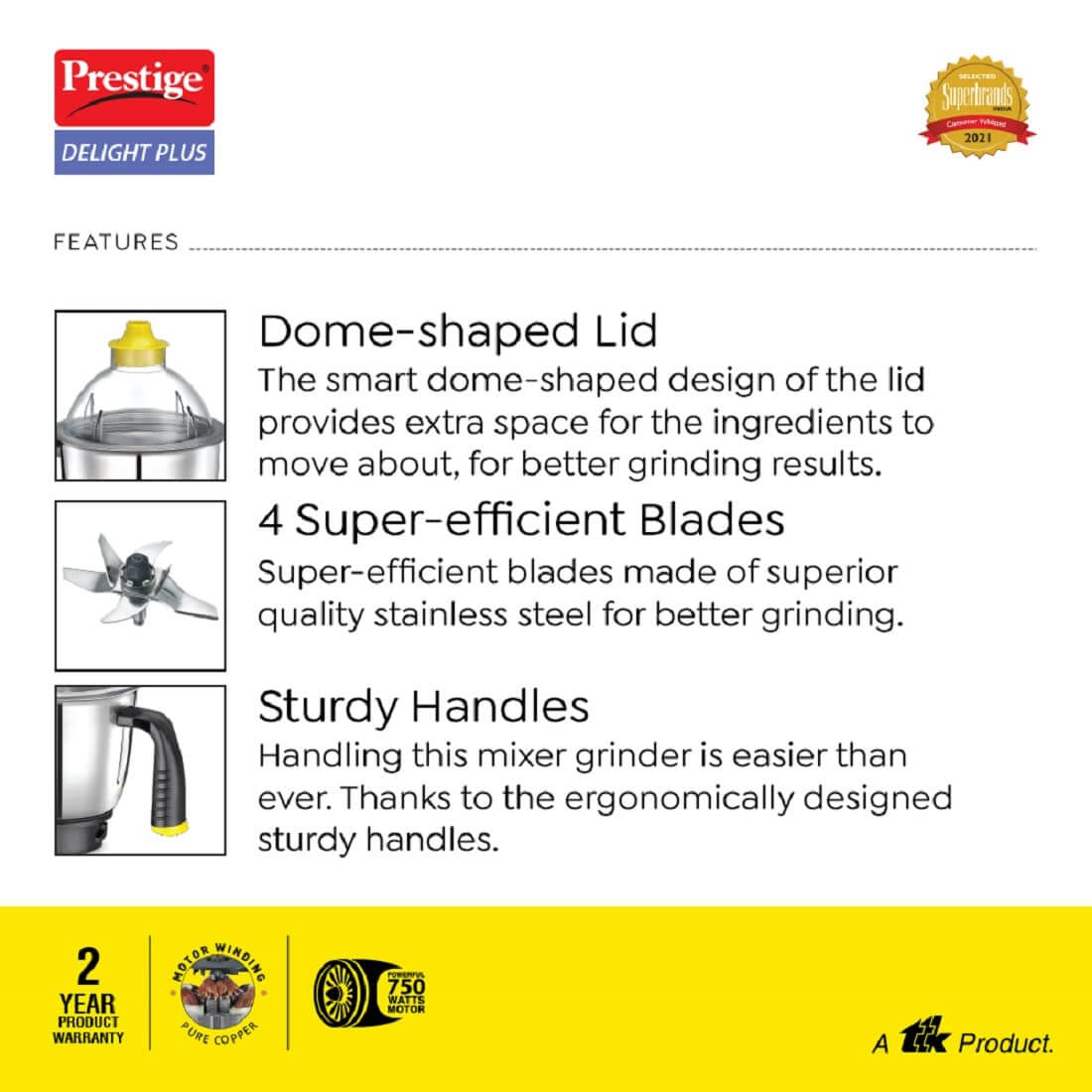 Prestige Delight Plus 750W Mixer Grinder | 3 SS Jars & 1 Juicer Jar
