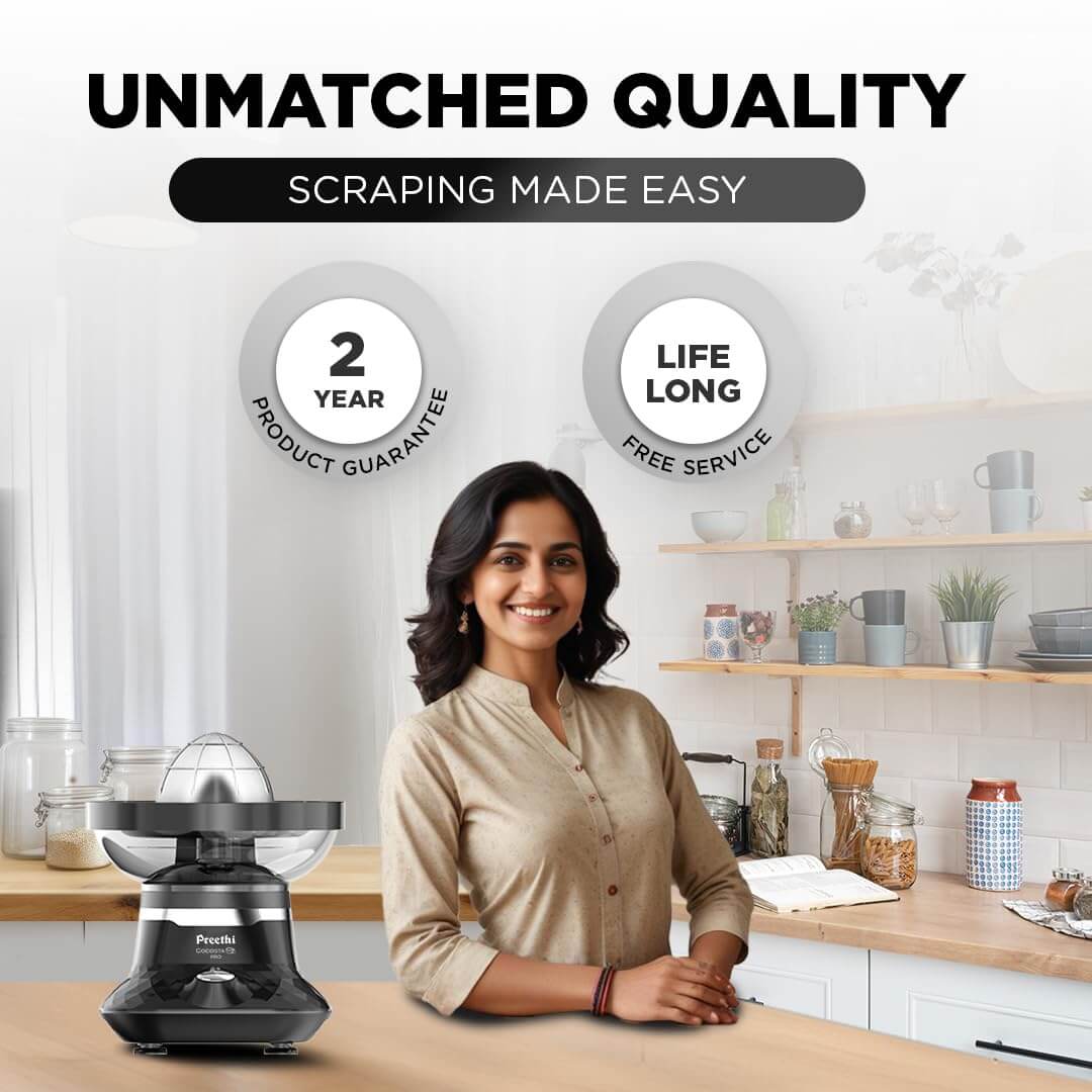 Black Preethi Cocosta Pro with dual function coconut scraper and citrus juicer