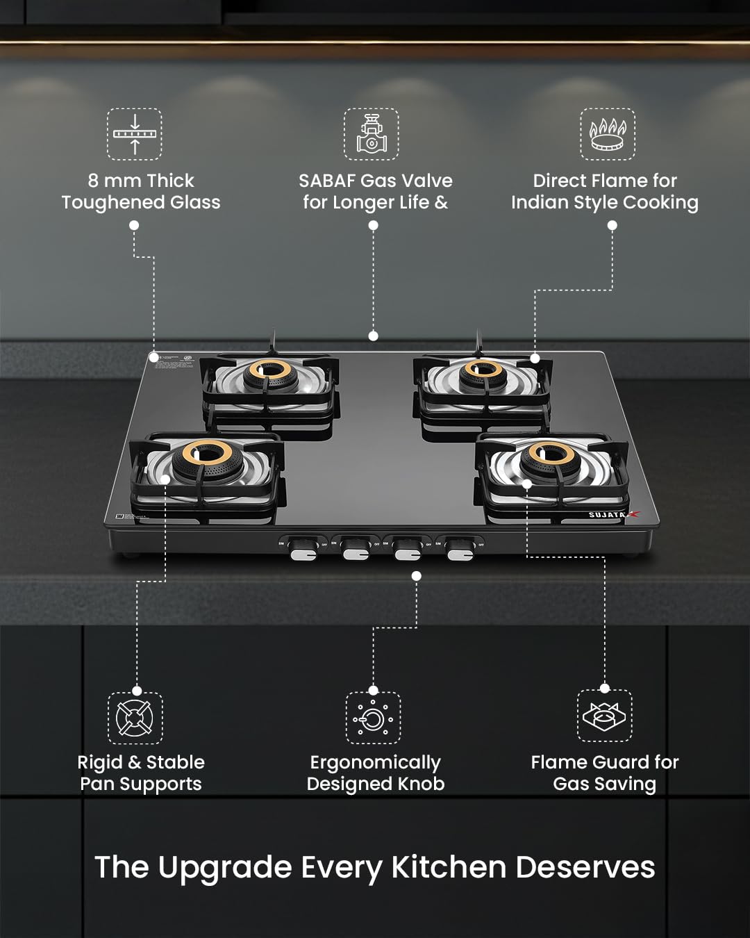 Sujata Classic 4 Burner Gas Stove | 8mm Glass Top | SABAF | 9 Yr Warranty