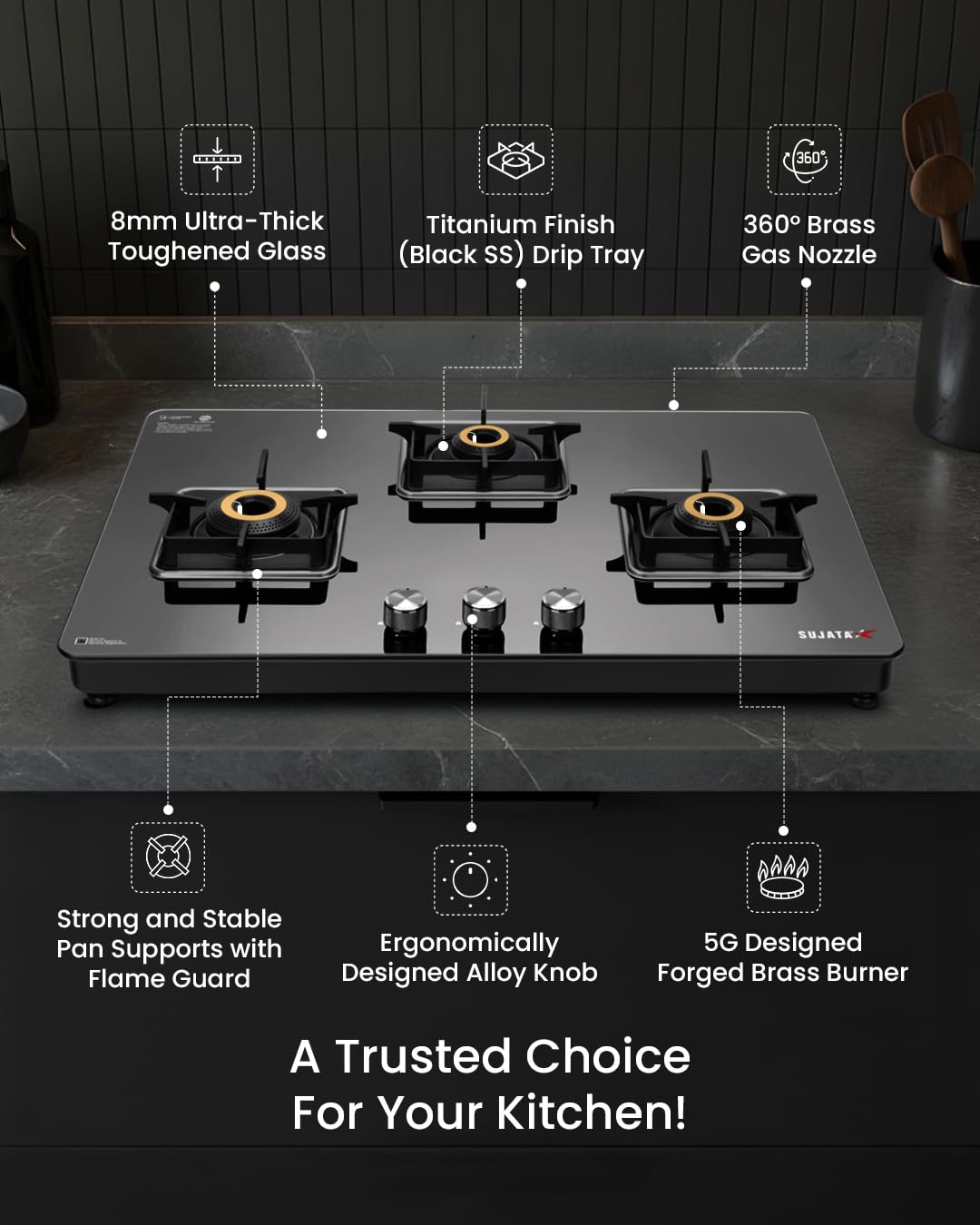 Sujata Premium 3 Burner Gas Stove with Glass Top - 9 Years Warranty - SABAF & ISI Certified