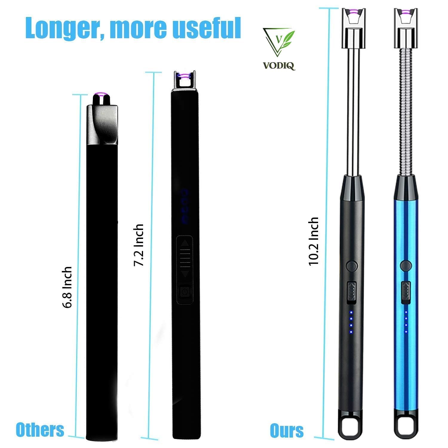 Comparison of electric arc lighters showing length differences; features USB charging and windproof design.