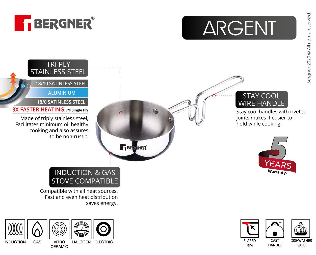 Bergner Argent Triply 12 cm Tadka Pan, 0.5L - Stay Cool Handle, Induction & Gas Compatible