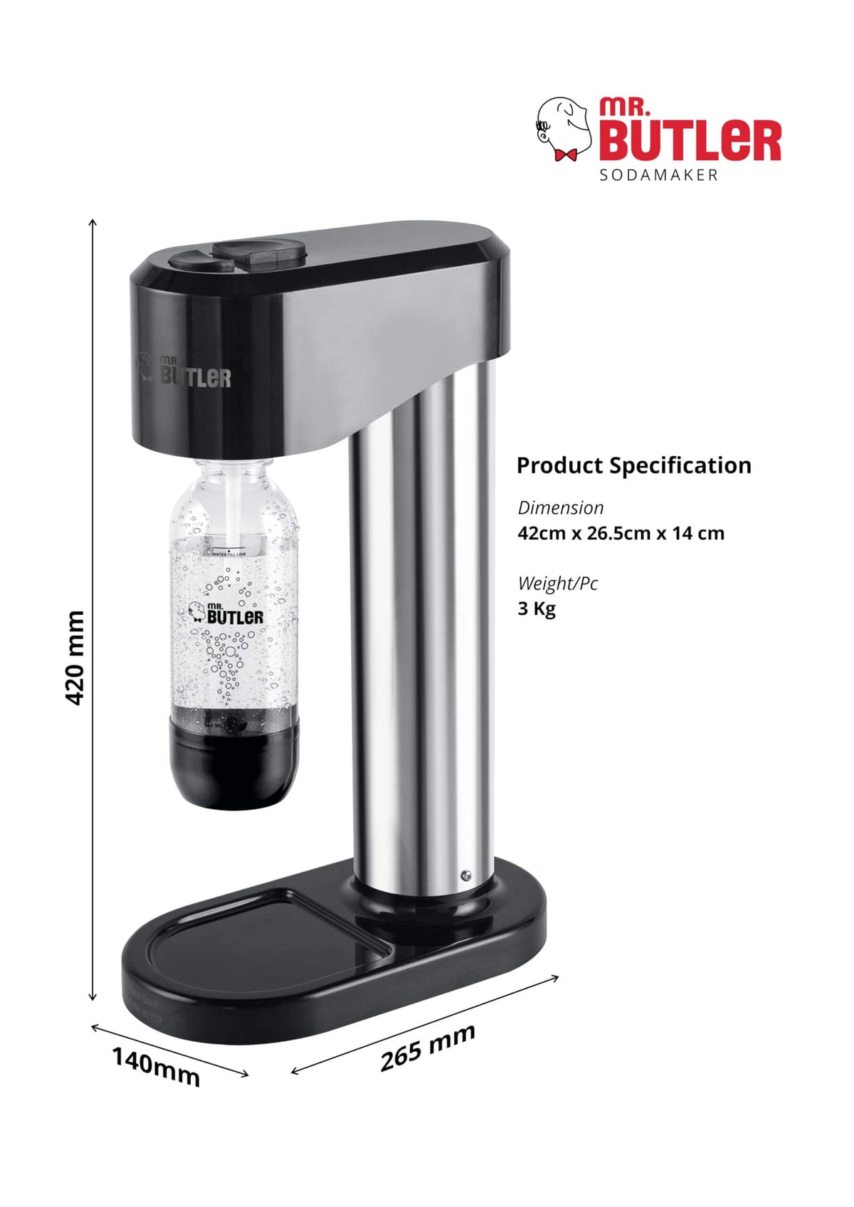 Mr. Butler sodamaker with dimensions and specifications on a white background