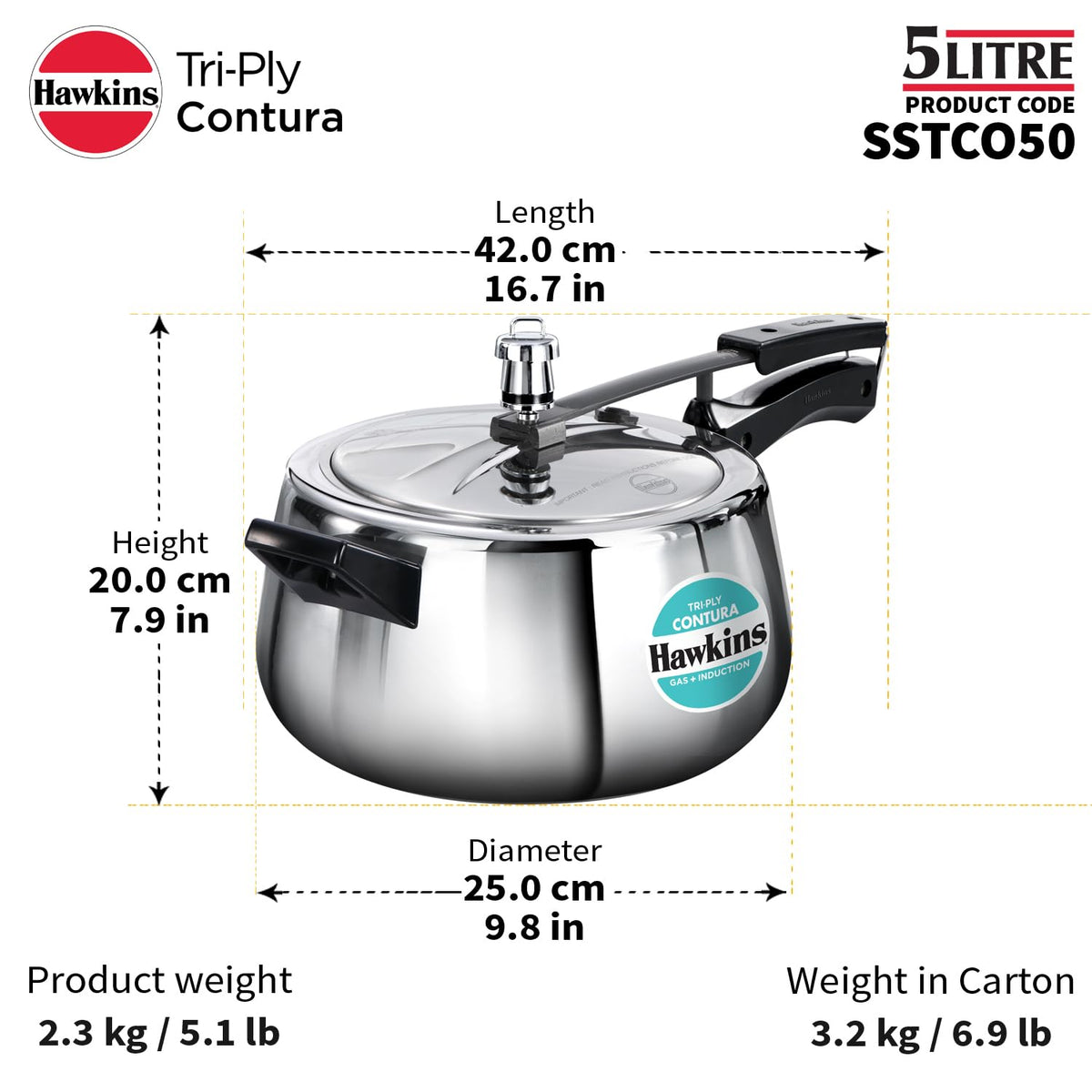 Hawkins 5 Litre Triply Contura Pressure Cooker – 3 mm Tri-Ply Stainless Steel, Gas & Induction (SSTCO50)