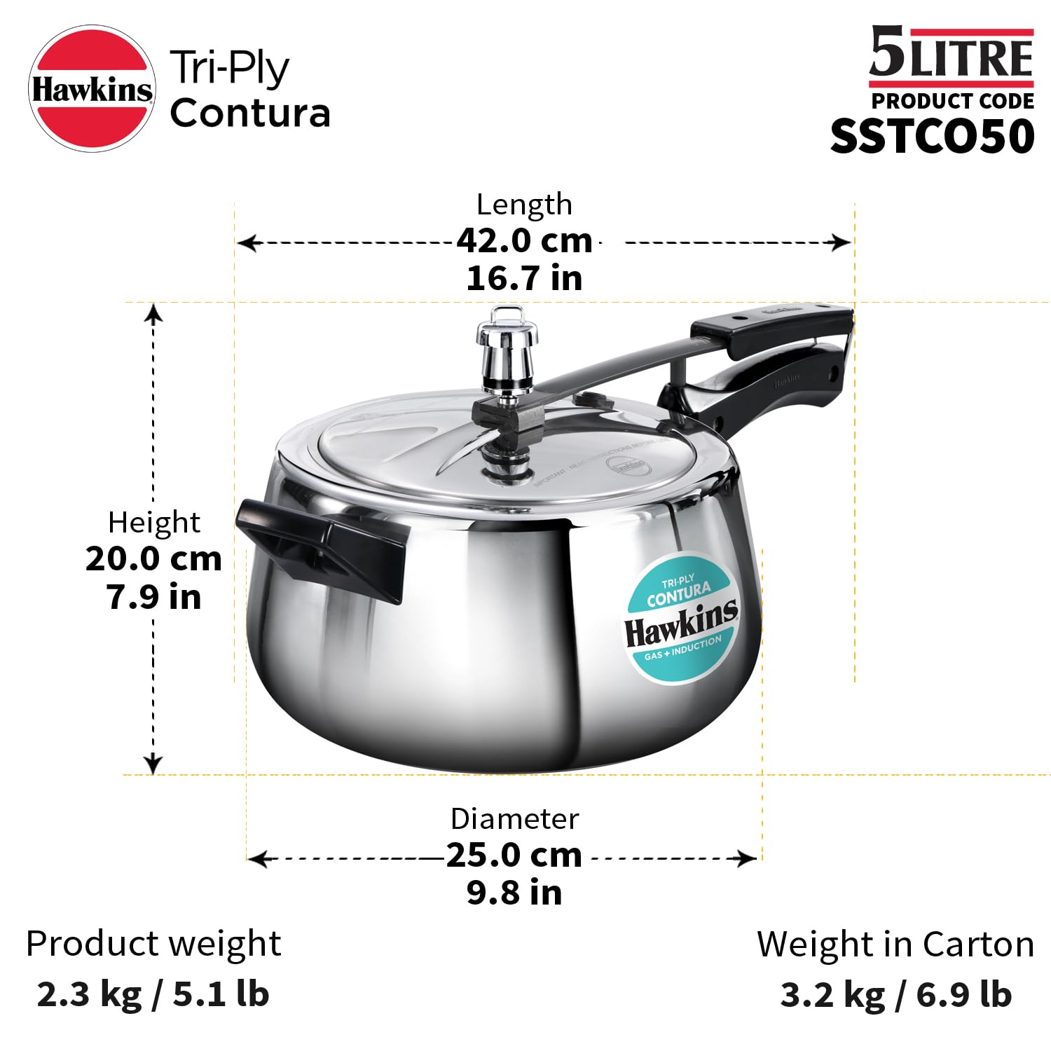 Hawkins 5 Litre Triply Contura Pressure Cooker – 3 mm Tri-Ply Stainless Steel, Gas & Induction (SSTCO50)