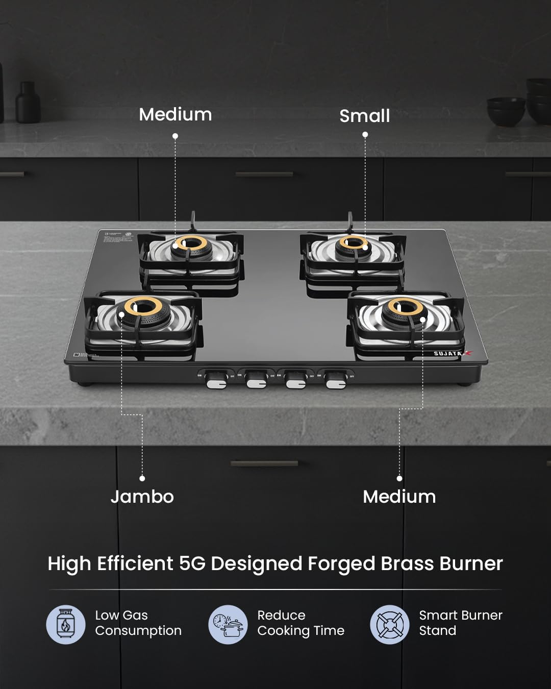 Sujata Classic 4 Burner Gas Stove | 8mm Glass Top | SABAF | 9 Yr Warranty