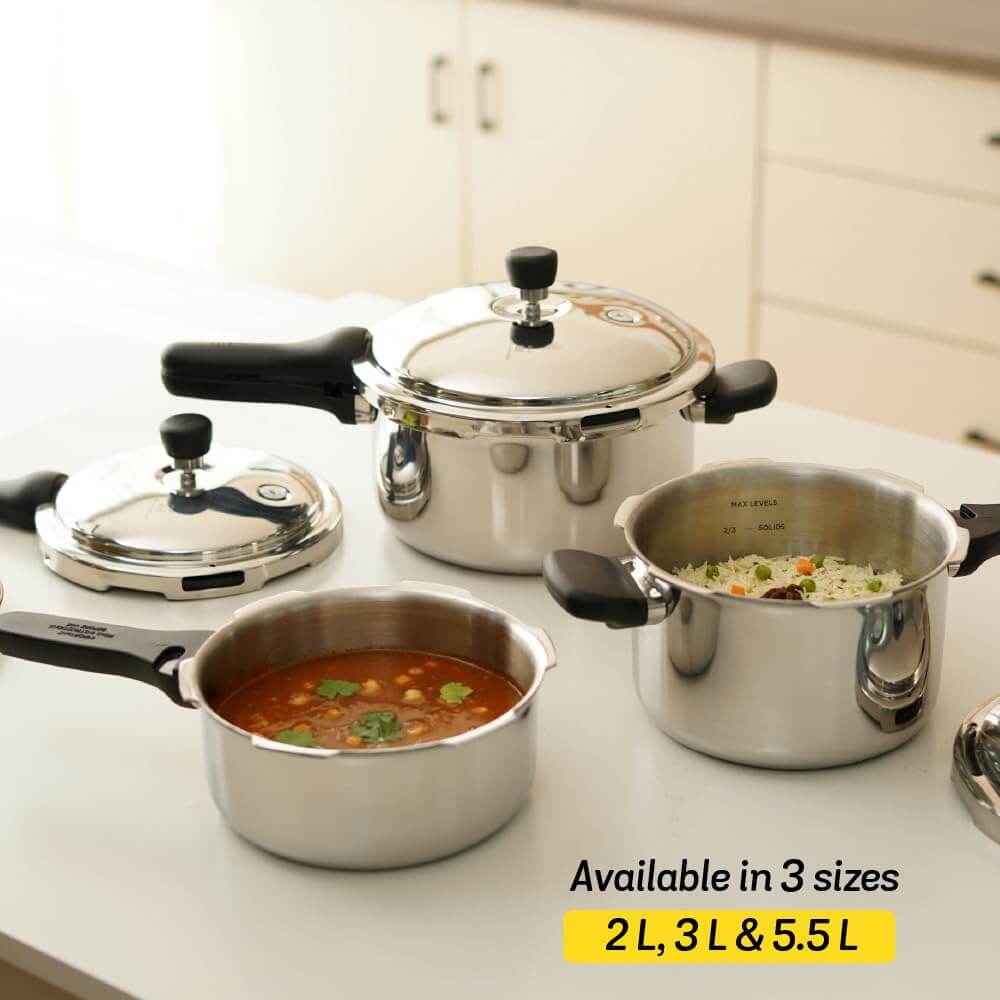 Stainless steel tri-ply pressure cookers with ergonomic handles