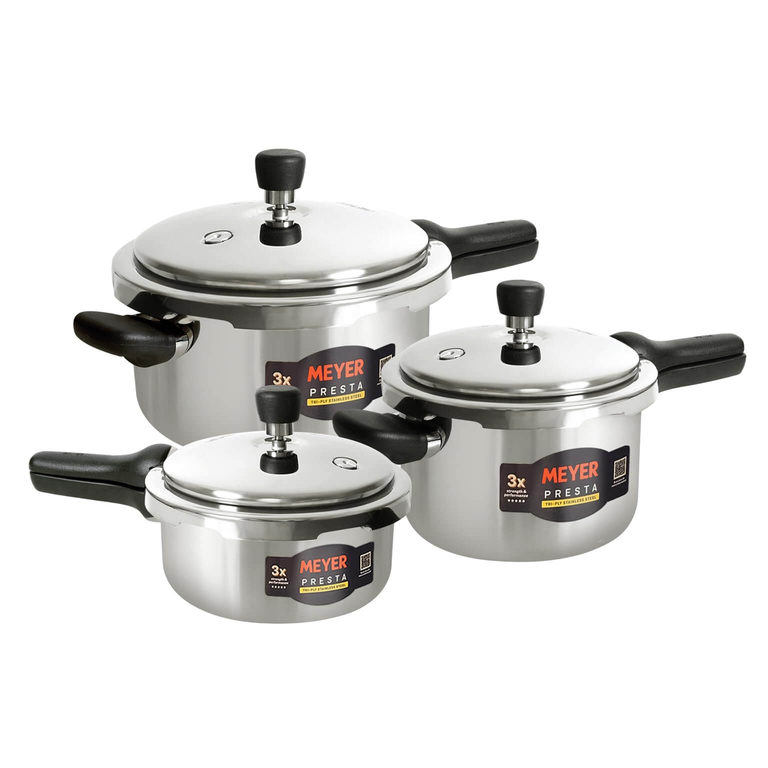Meyer Presta tri-ply stainless steel pressure cooker set with 2L 3L 5.5L sizes