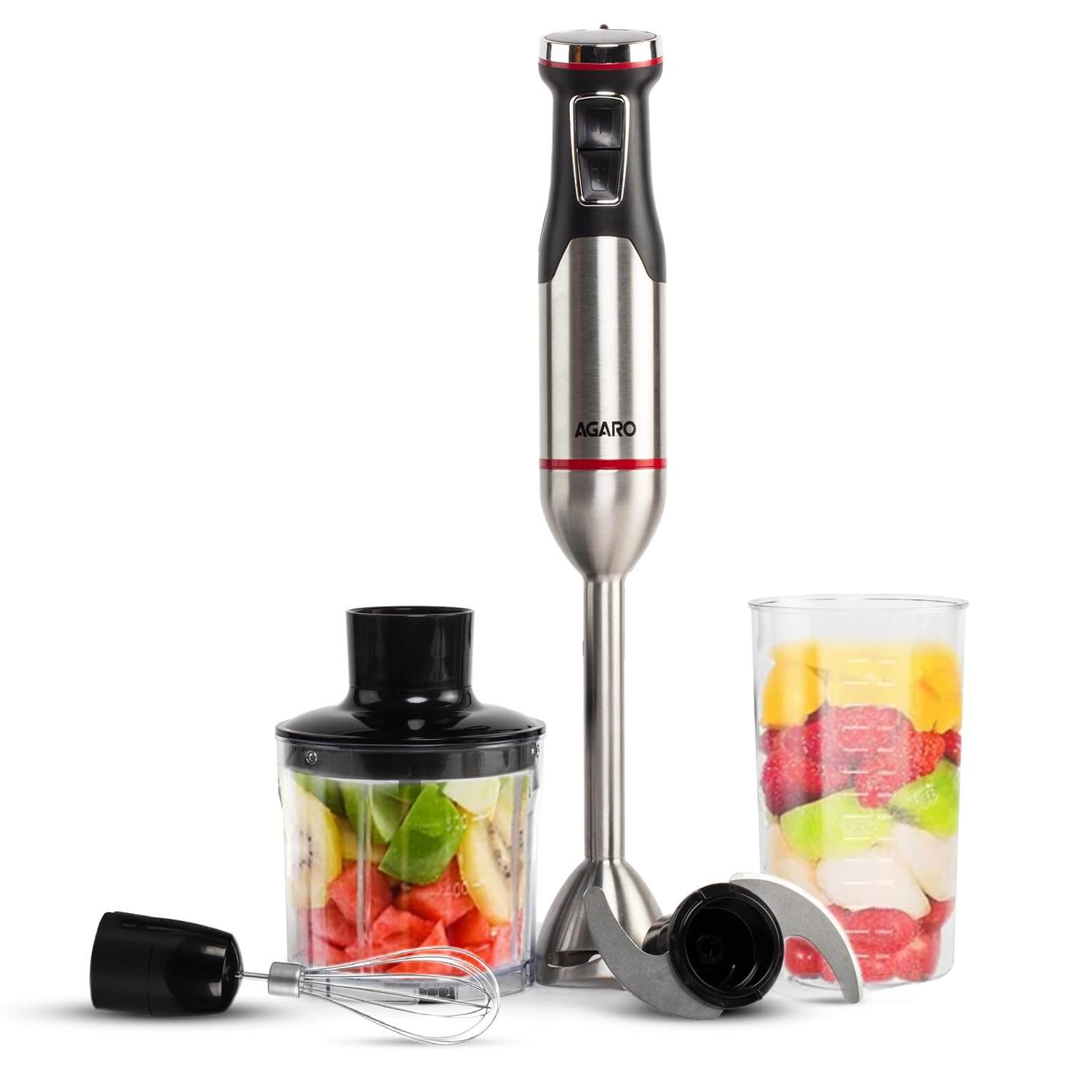 AGARO Royal 1500W Hand Blender Set with chopper and whisker attachments in black finish