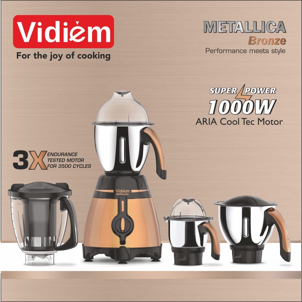 Vidiem 649 A Metallica Bronze Mixer Grinder | 1000W with 3 Jars & 1 Juicer | Self-Lock Jars